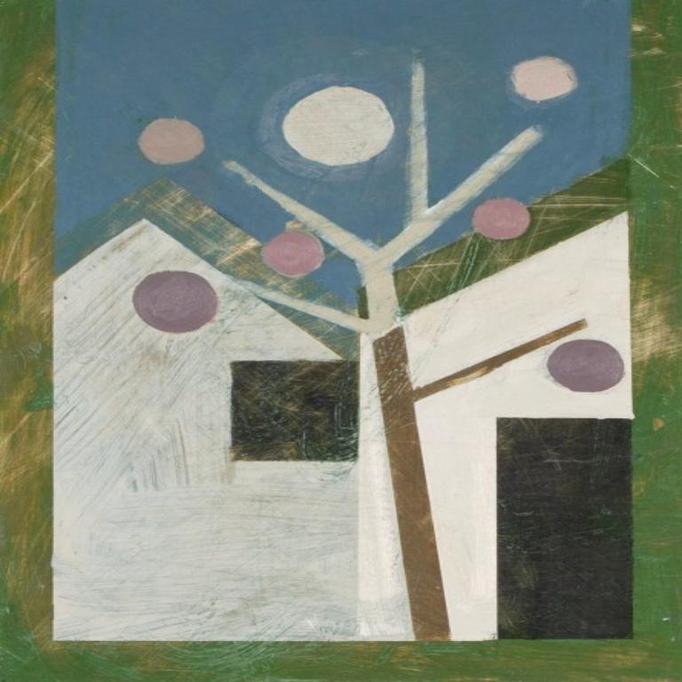 Casa con albero - Paesaggio astratto con albero, pittura a olio su tavola, 2024 - Painting di Daisy Cook