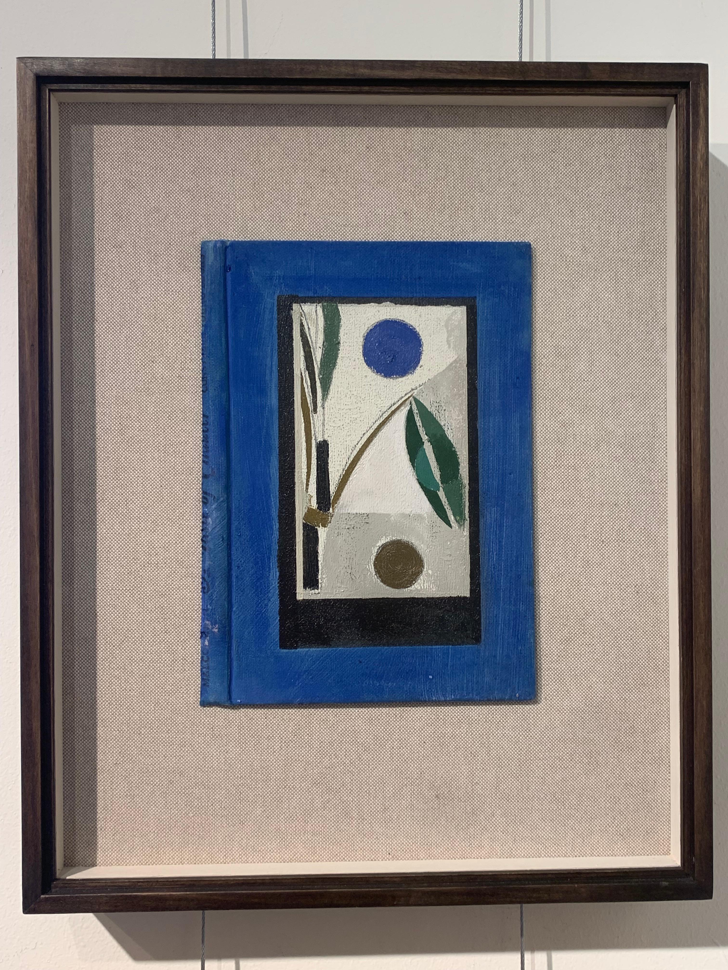 Hoja y tallo - Pintura al óleo geométrica abstracta contemporánea sobre cubierta de libro encontrada - Abstract Painting Azul de Daisy Cook