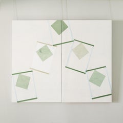 Temple - Gran díptico abstracto contemporáneo blanco y verde Pintura al óleo