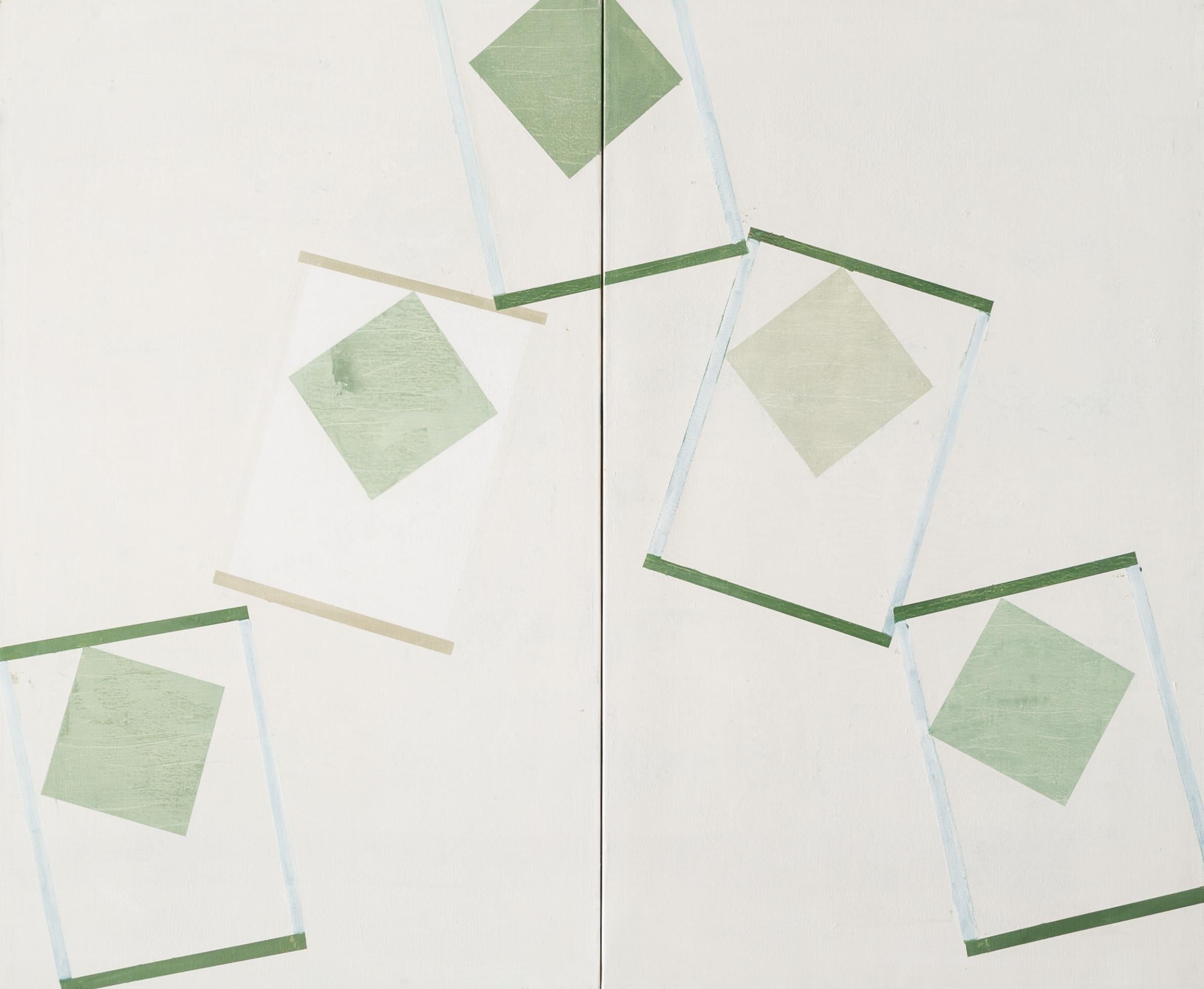 Daisy Cook Abstract Painting – Temple - Großes weißes und grünes zeitgenössisches abstraktes Diptychon Ölgemälde