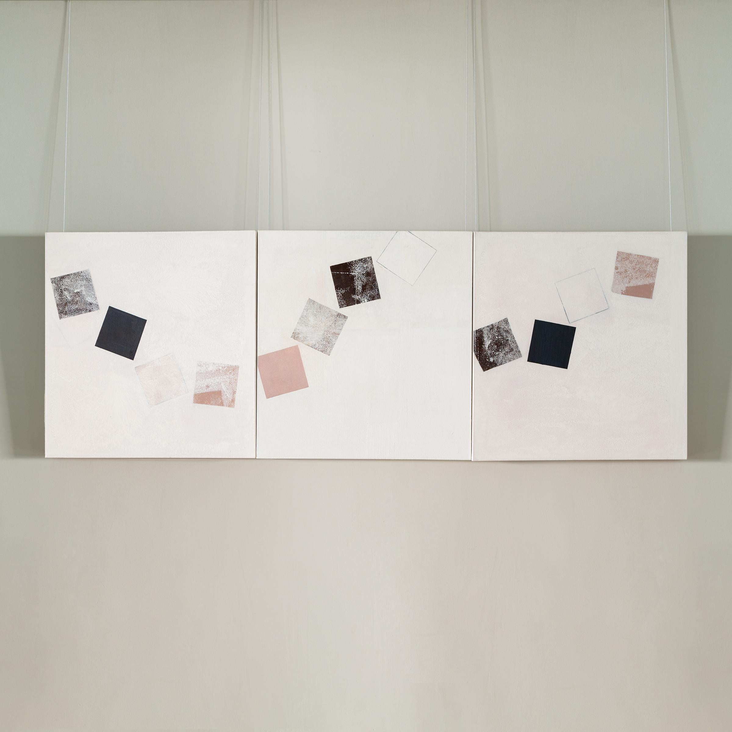 Tilting Squares, 2020-2021 - Minimalist Abstract Geometric Triptych in White - Painting by Daisy Cook