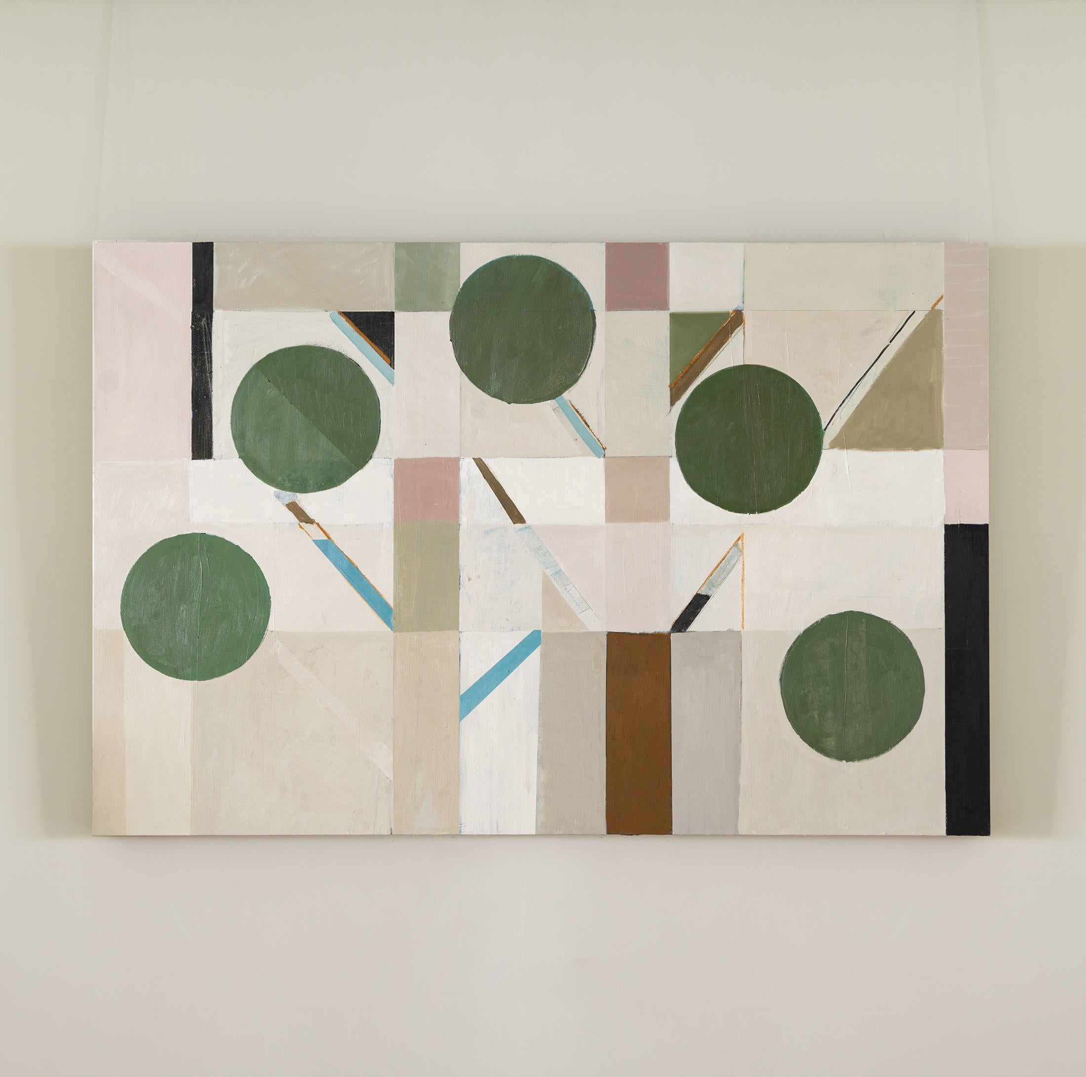 Treeline - Zeitgenössisches großes abstraktes Ölgemälde, Weiß, Grau, Grün + Rosa – Painting von Daisy Cook