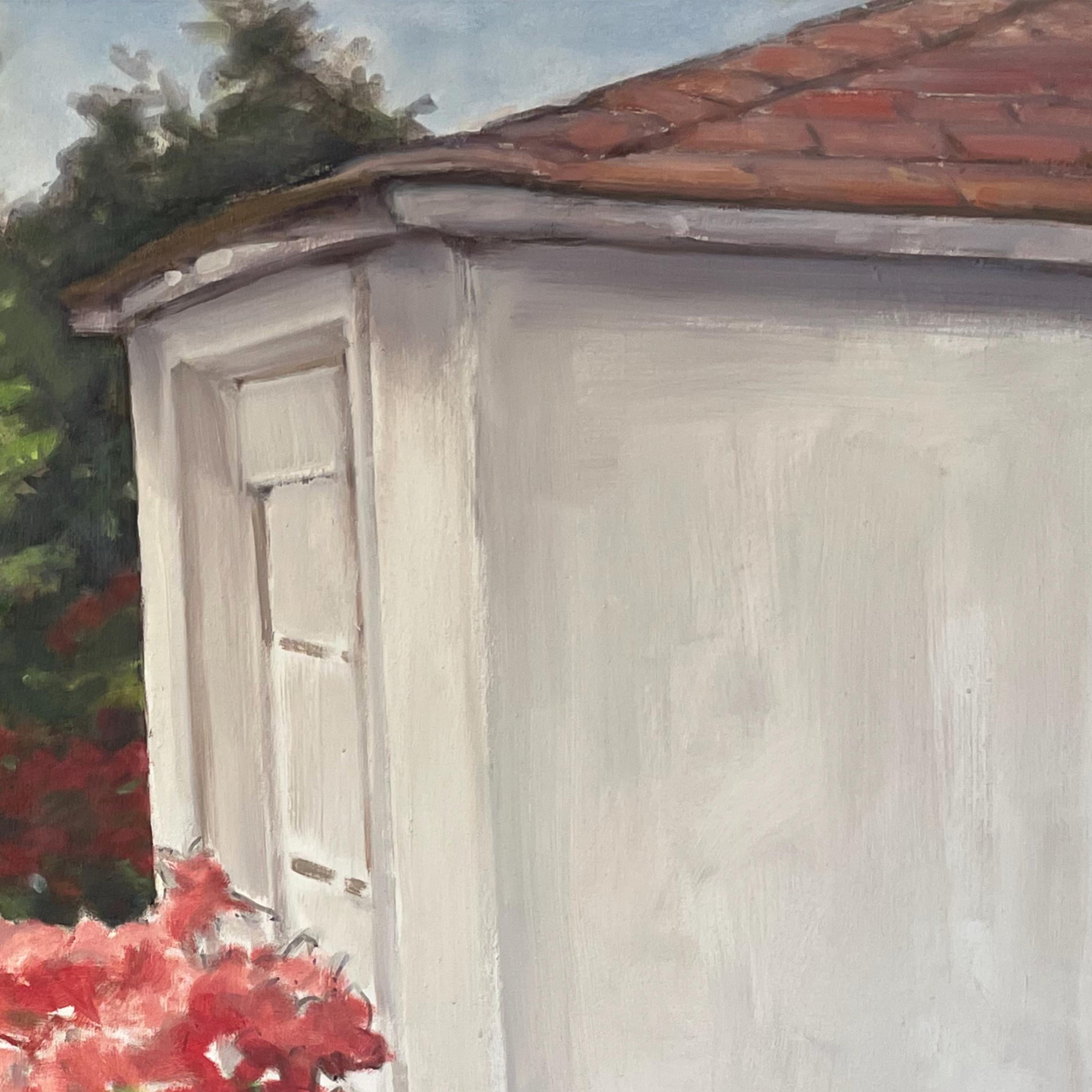 Azalea by a Garage Door, 2010, oil on canvas, floral outdoor painting - Impressionist Painting by Daisy Craddock