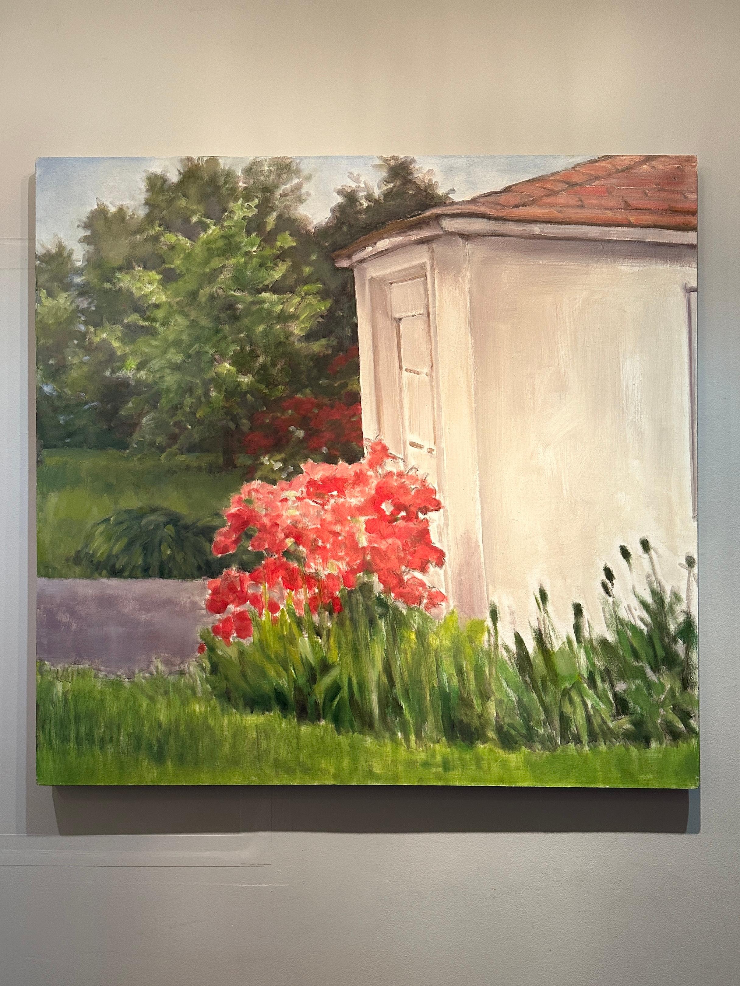 Azalea by a Garage Door, 2010, oil on canvas, floral outdoor painting For Sale 1