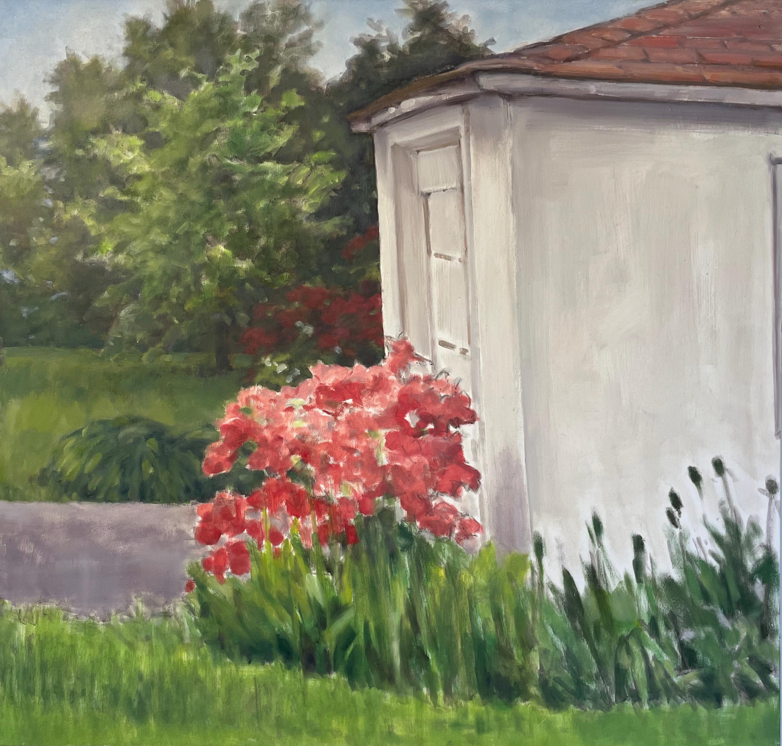Daisy Craddock Still-Life Painting - Azalea by a Garage Door, 2010, oil on canvas, floral outdoor painting