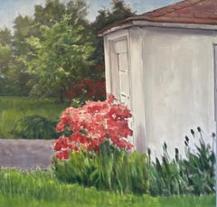 Azalea by a garage Door, 2010, huile sur toile, peinture florale d'extérieur