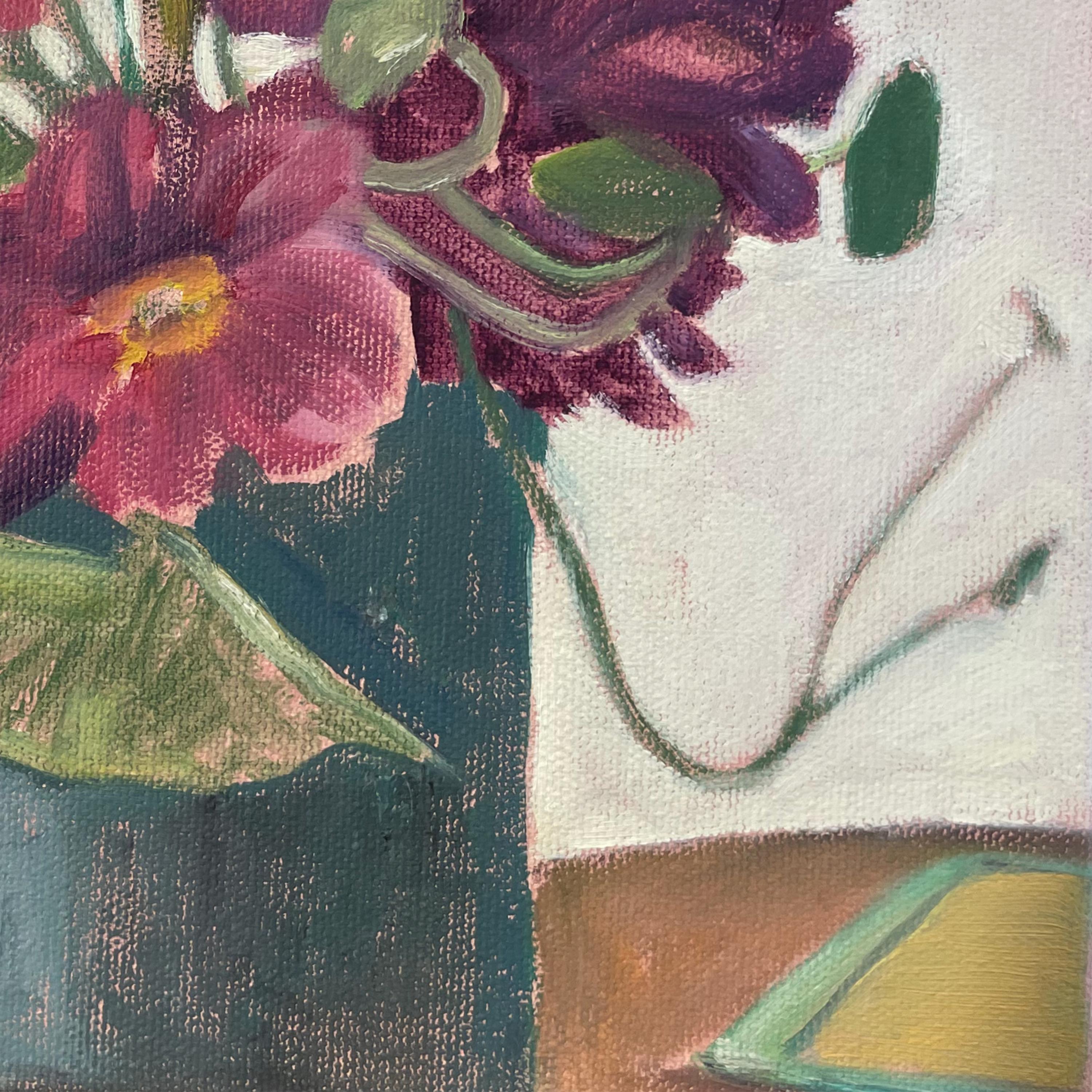 Cosmos & Zinnias, 2021, oil on canvas, floral still life painting - Painting by Daisy Craddock