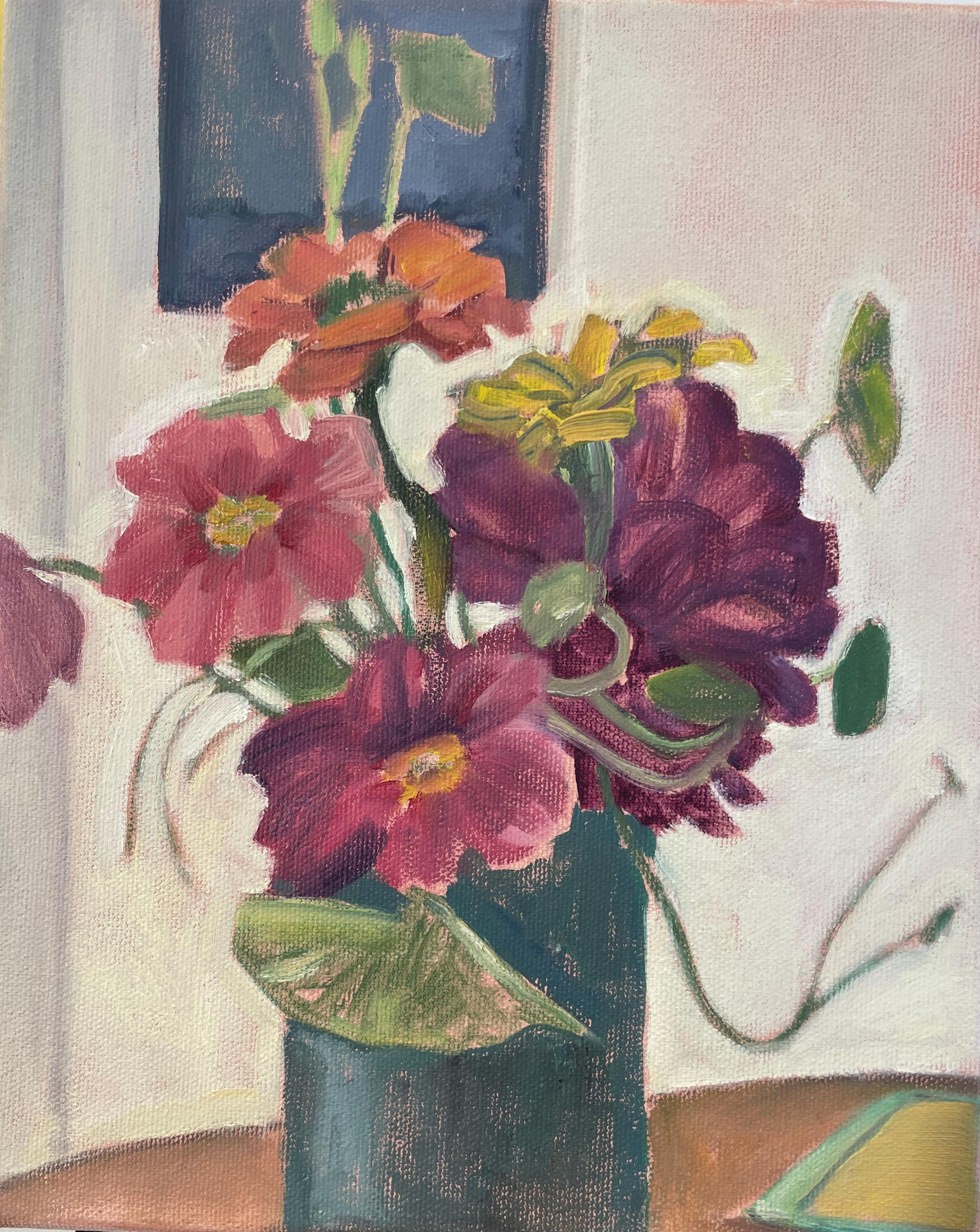 Daisy Craddock Still-Life Painting - Cosmos & Zinnias, 2021, oil on canvas, floral still life painting