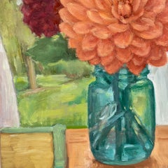 Dahlias d'assiette, 2021, huile sur toile, nature morte florale