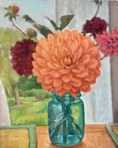 Speiseteller Dahlias, 2021, Öl auf Leinwand, Blumenstillleben-Gemälde