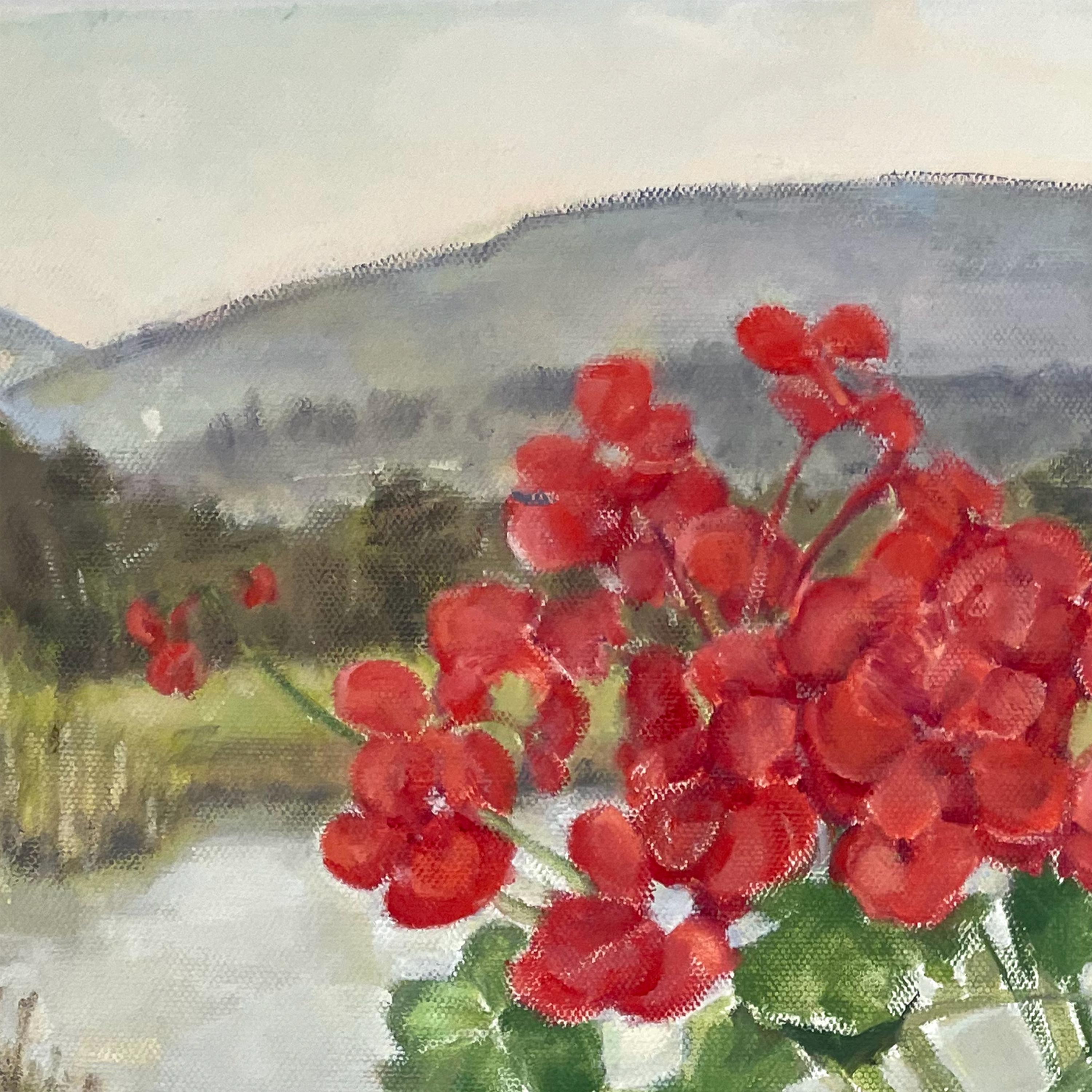 Geraniums and Pond, 2022, red and vibrant, floral still life painting - Impressionist Painting by Daisy Craddock