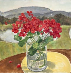 Geraniums and Pond, 2022, red and vibrant, floral still life painting