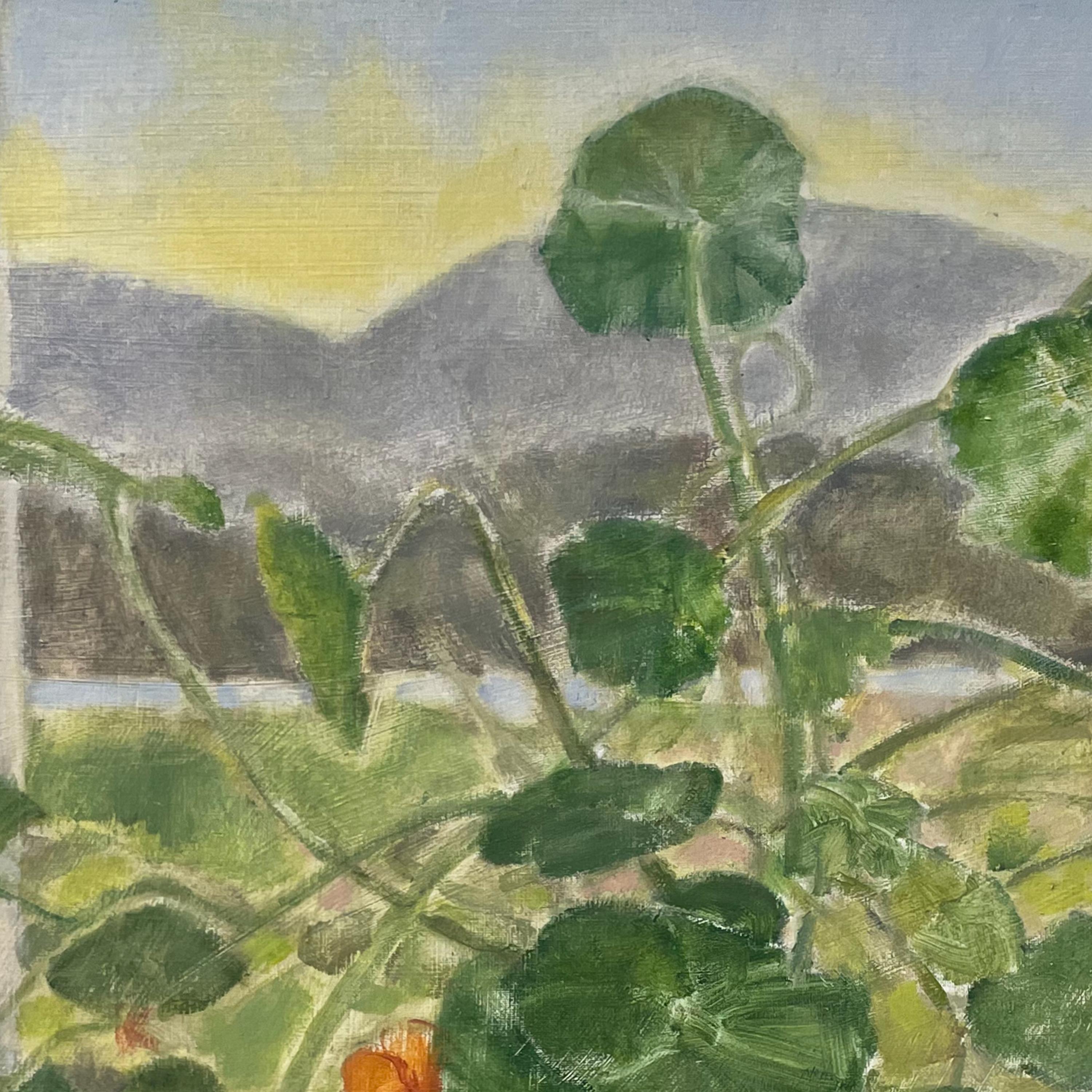 Out the Window (Nasturtiums), 2022, oil on canvas, floral still life painting - Painting by Daisy Craddock