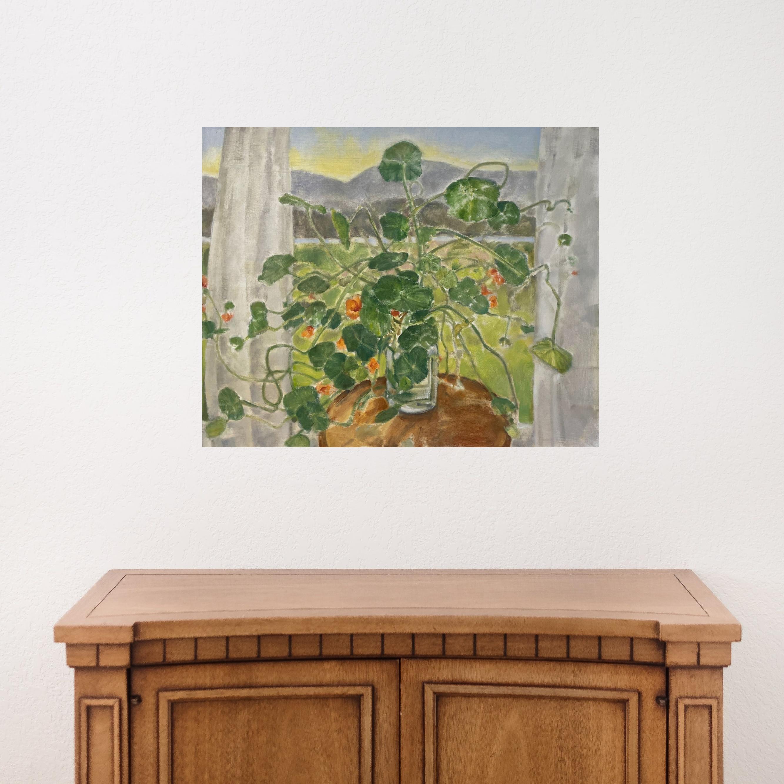 Por la ventana (capuchinas), 2022, óleo sobre lienzo, bodegón floral - Still-Life Painting Marrón de Daisy Craddock
