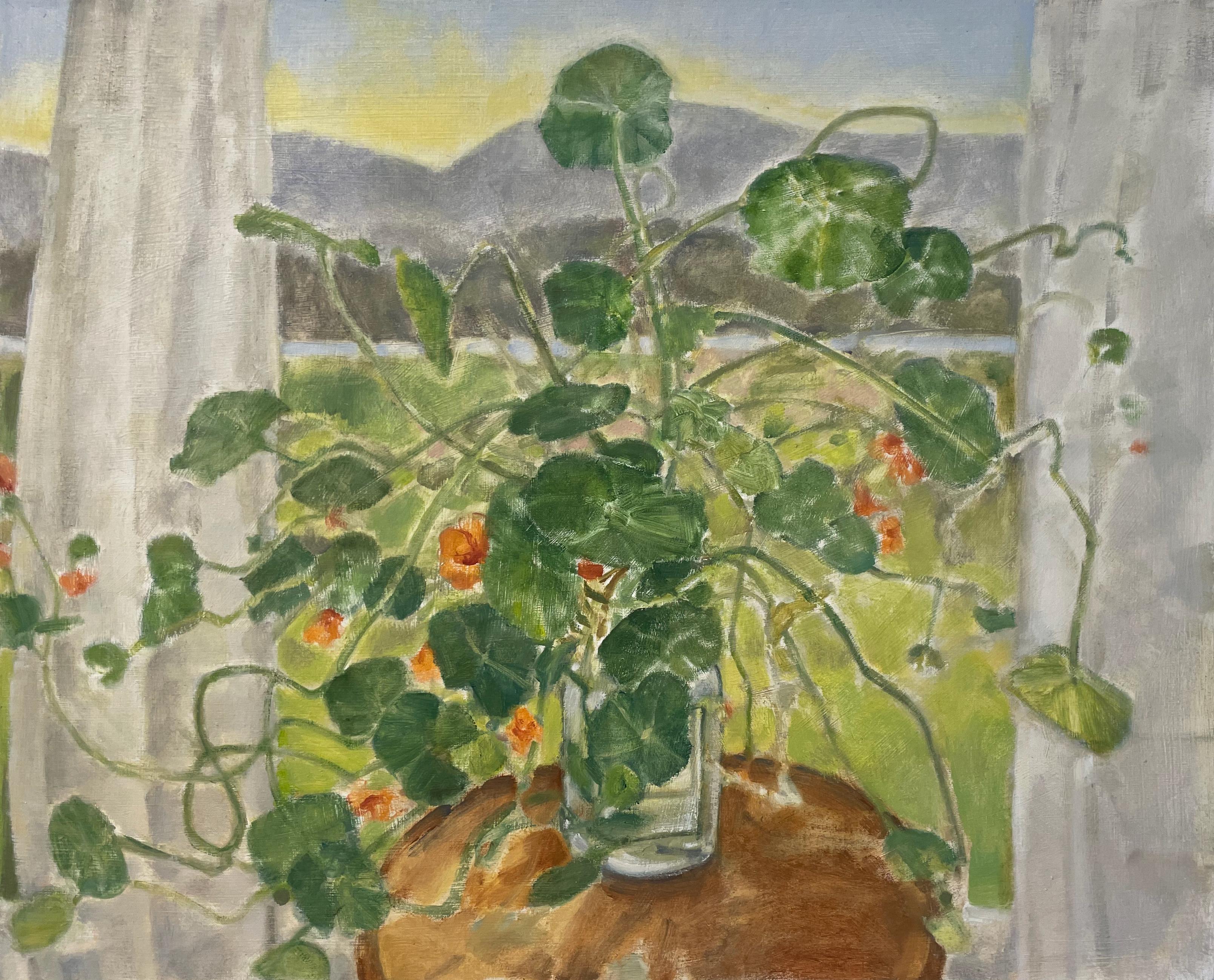 Out the Window (Nasturtiums), 2022, Öl auf Leinwand, Blumenstillleben-Gemälde