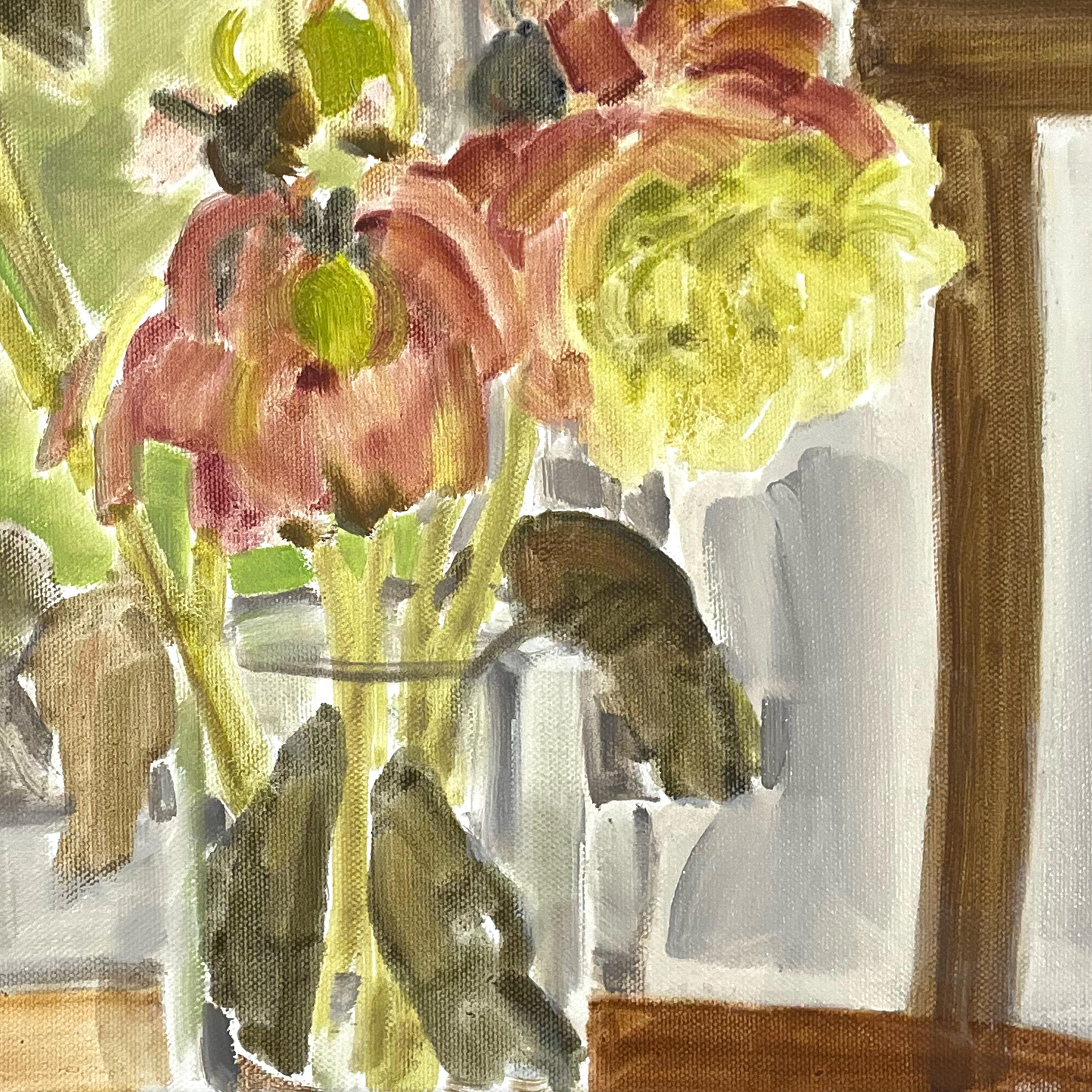 Pivoines avec GA 2, huile sur toile, nature morte florale - Painting de Daisy Craddock