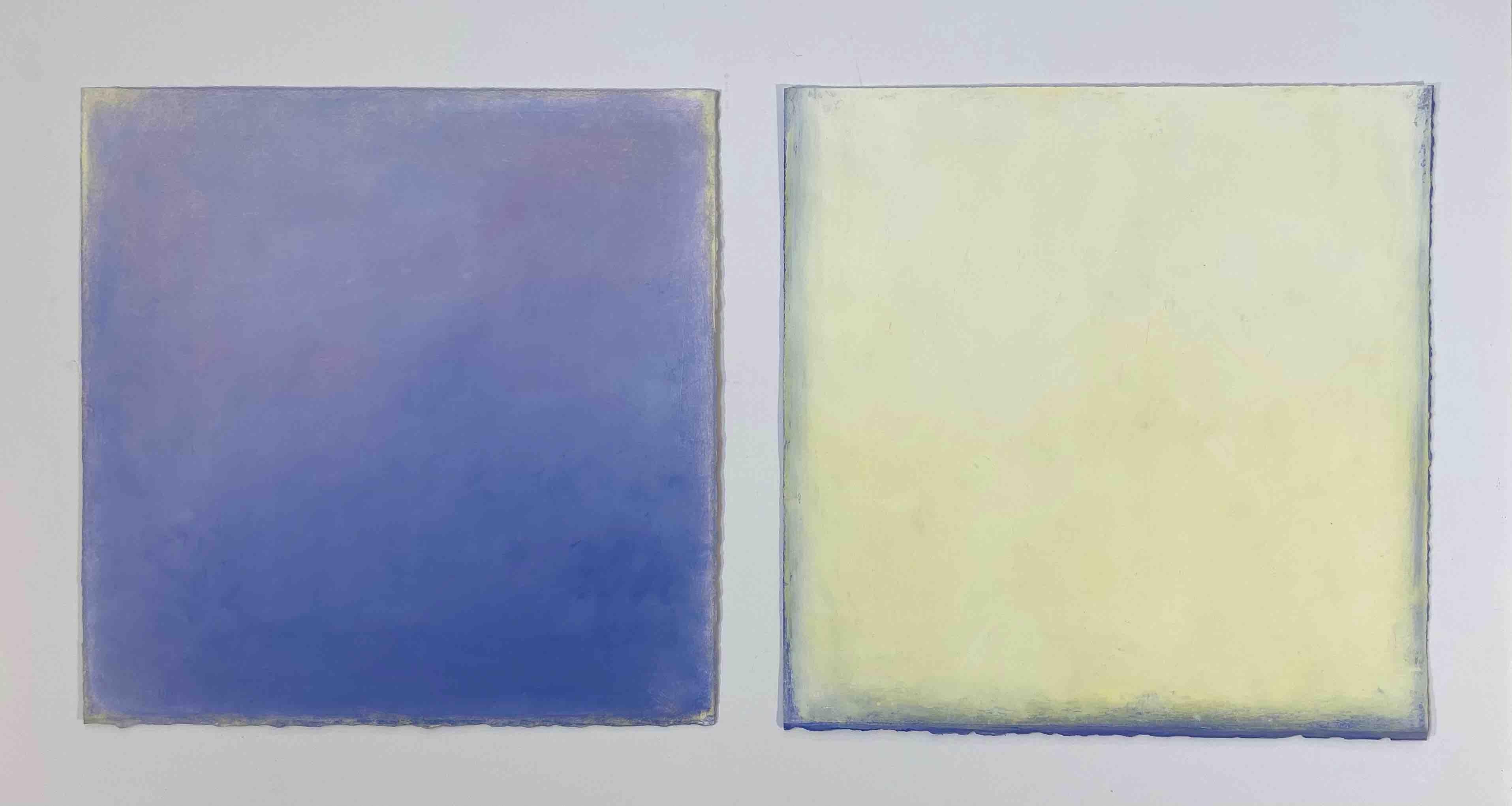 Daisy Craddock Still-Life Painting -  Viola, 2023, blue and white diptych, abstract oil pastel flower still life