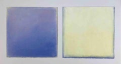  Viola, 2023, blue and white diptych, abstract oil pastel flower still life