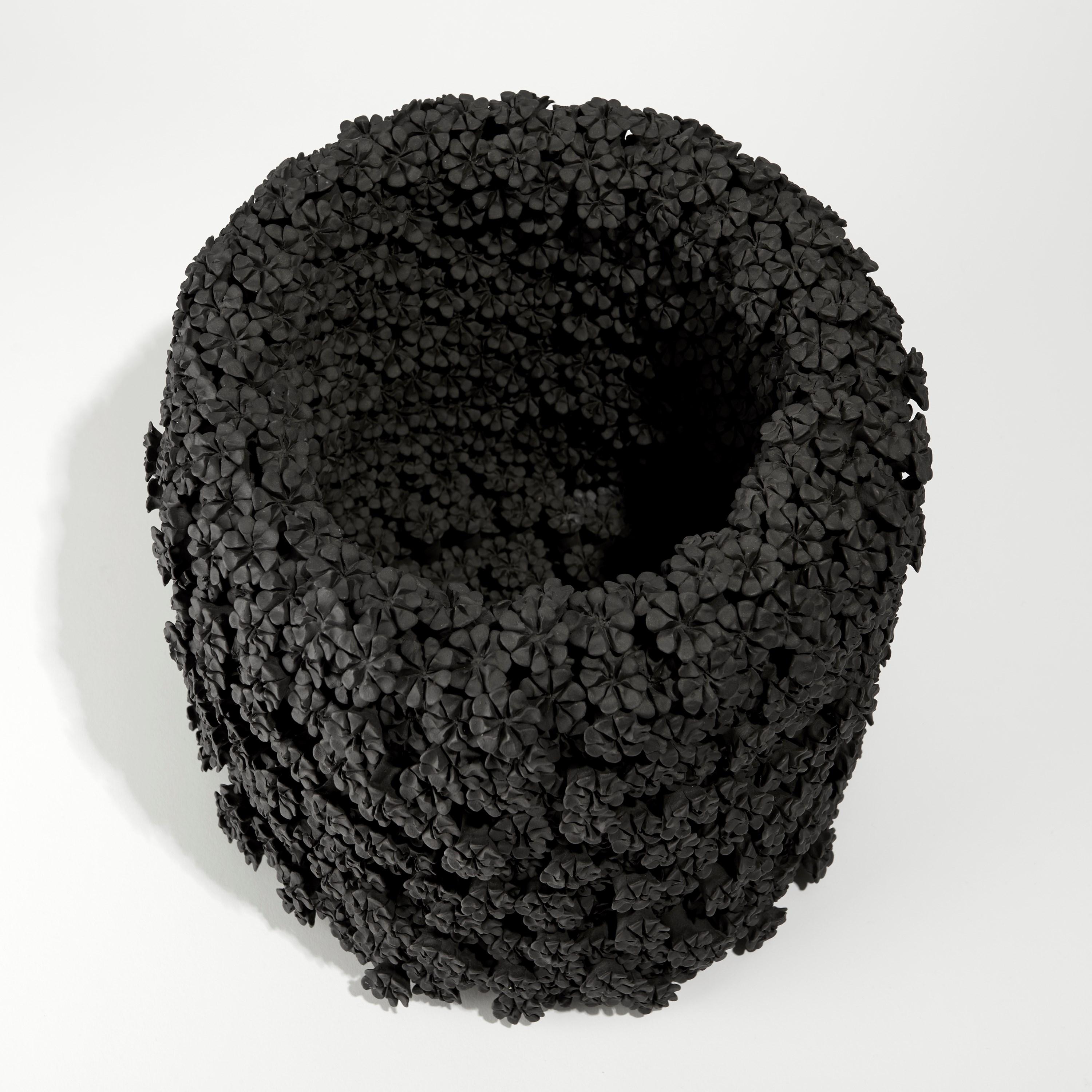 Organic Modern Daisy Cylinder, Floral Black Ceramic Sculpture & Vessel by Vanessa Hogge