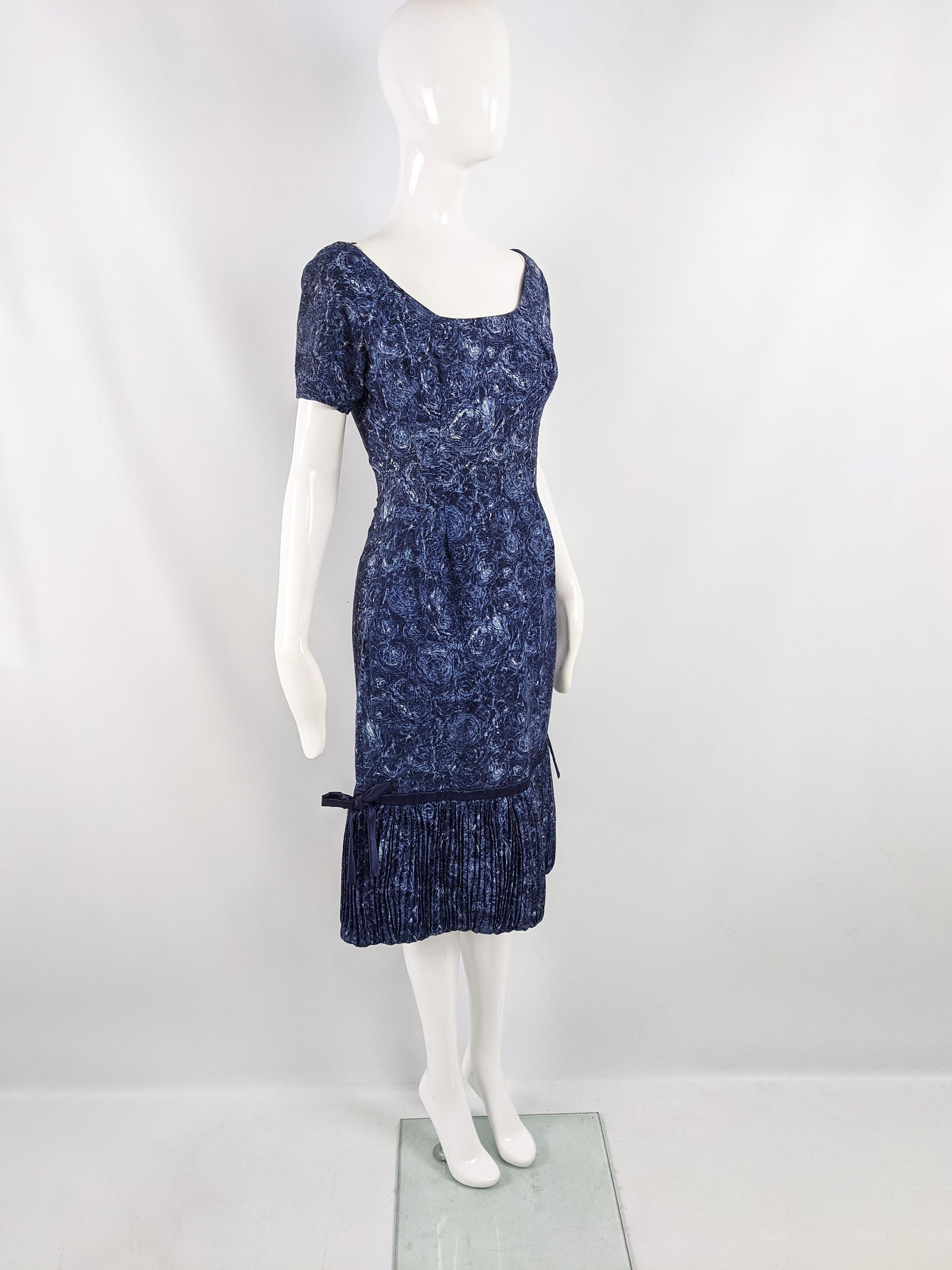 Daisy de Formari of Rome Vintage 50s Blue Floral Pleated Bubble Hem Dress, 1950s 2