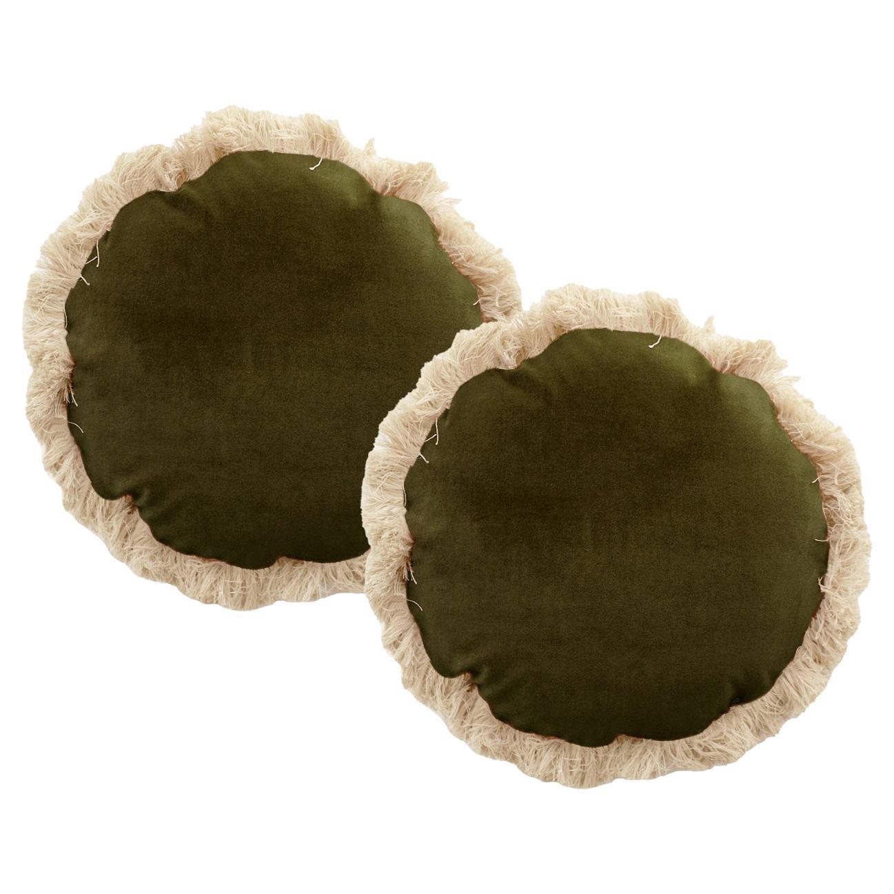 DAISY Dry Green - Set of 2 Velvet Deluxe Handmade Round Cushions