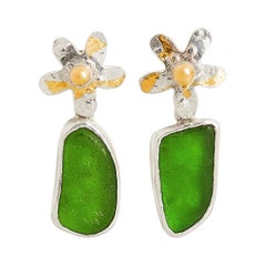 Daisy Earrings and Green Sea Glass with Silver and 22 and 24 Karat Gold Detail