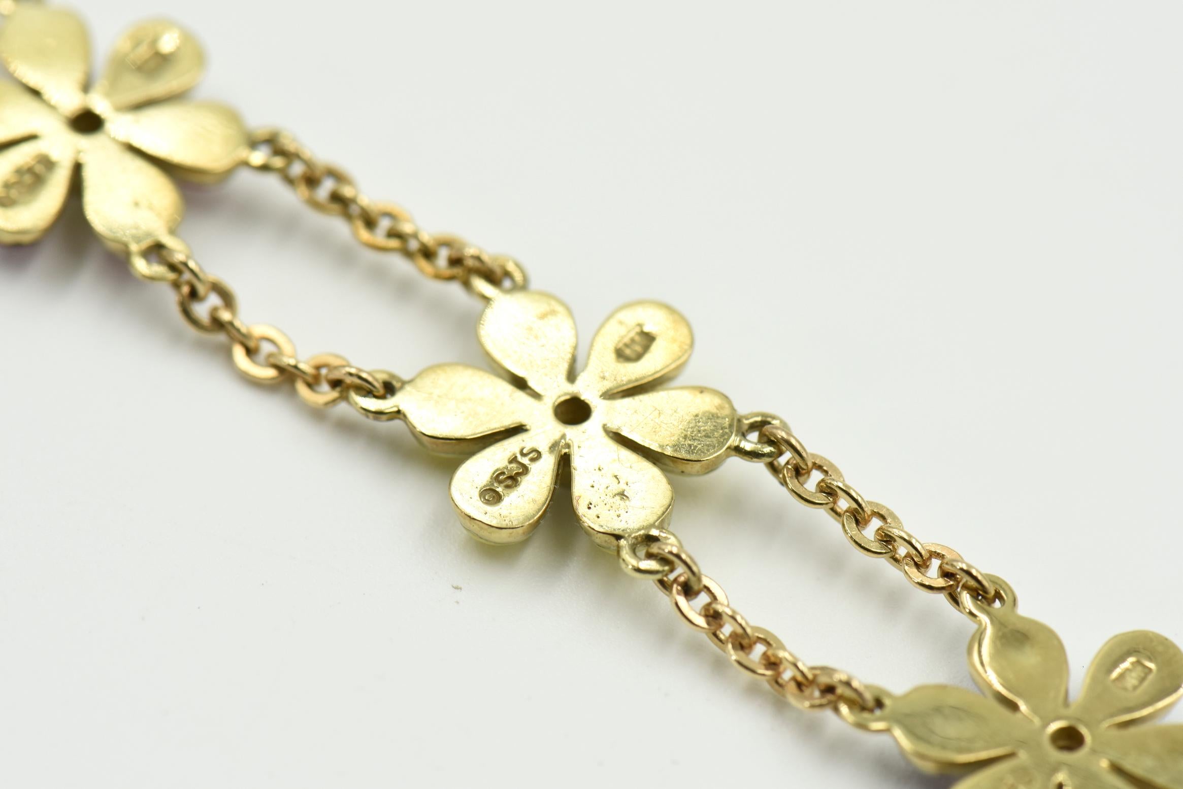 Round Cut Daisy Enamel and Diamond Gold Flower Bracelet by Sandra J Sensations For Sale