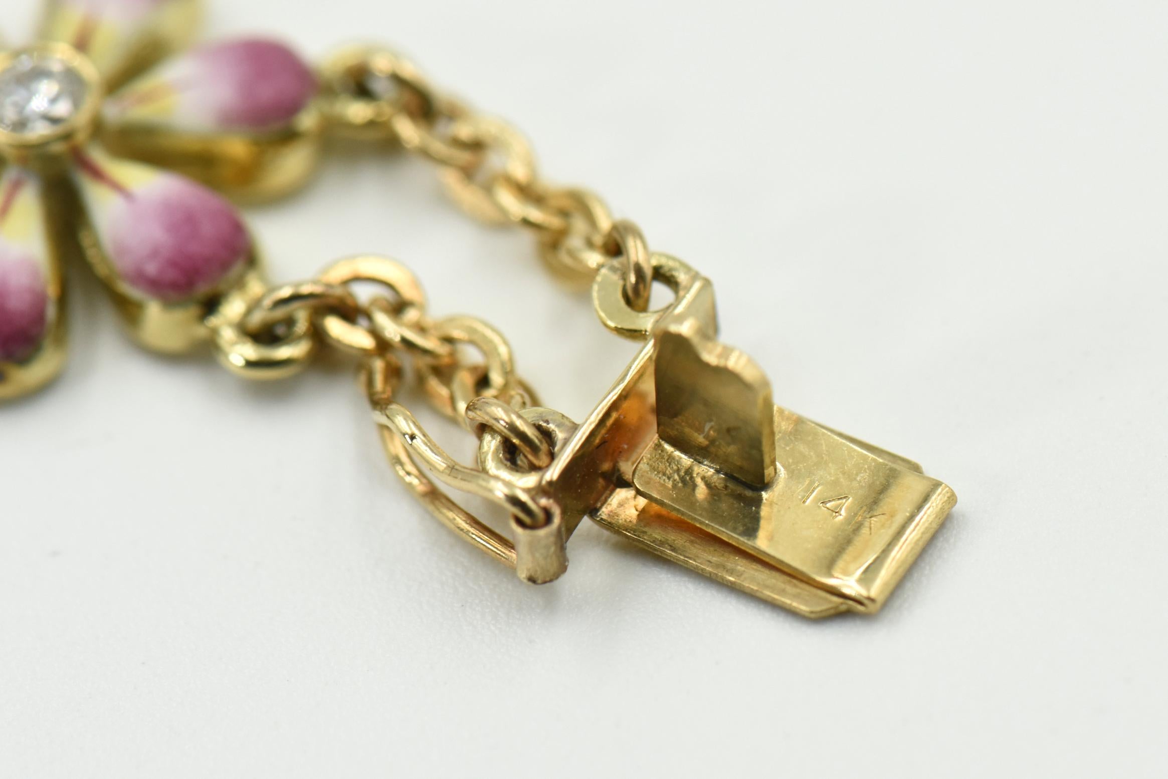Women's Daisy Enamel and Diamond Gold Flower Bracelet by Sandra J Sensations For Sale