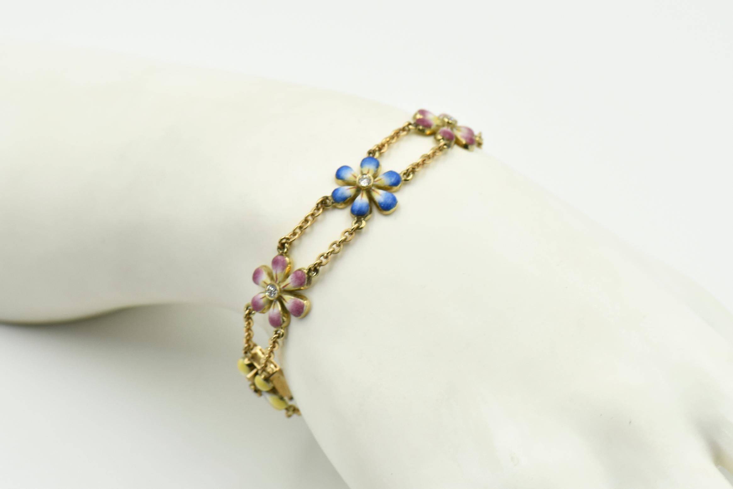 Daisy Enamel and Diamond Gold Flower Bracelet by Sandra J Sensations For Sale 1