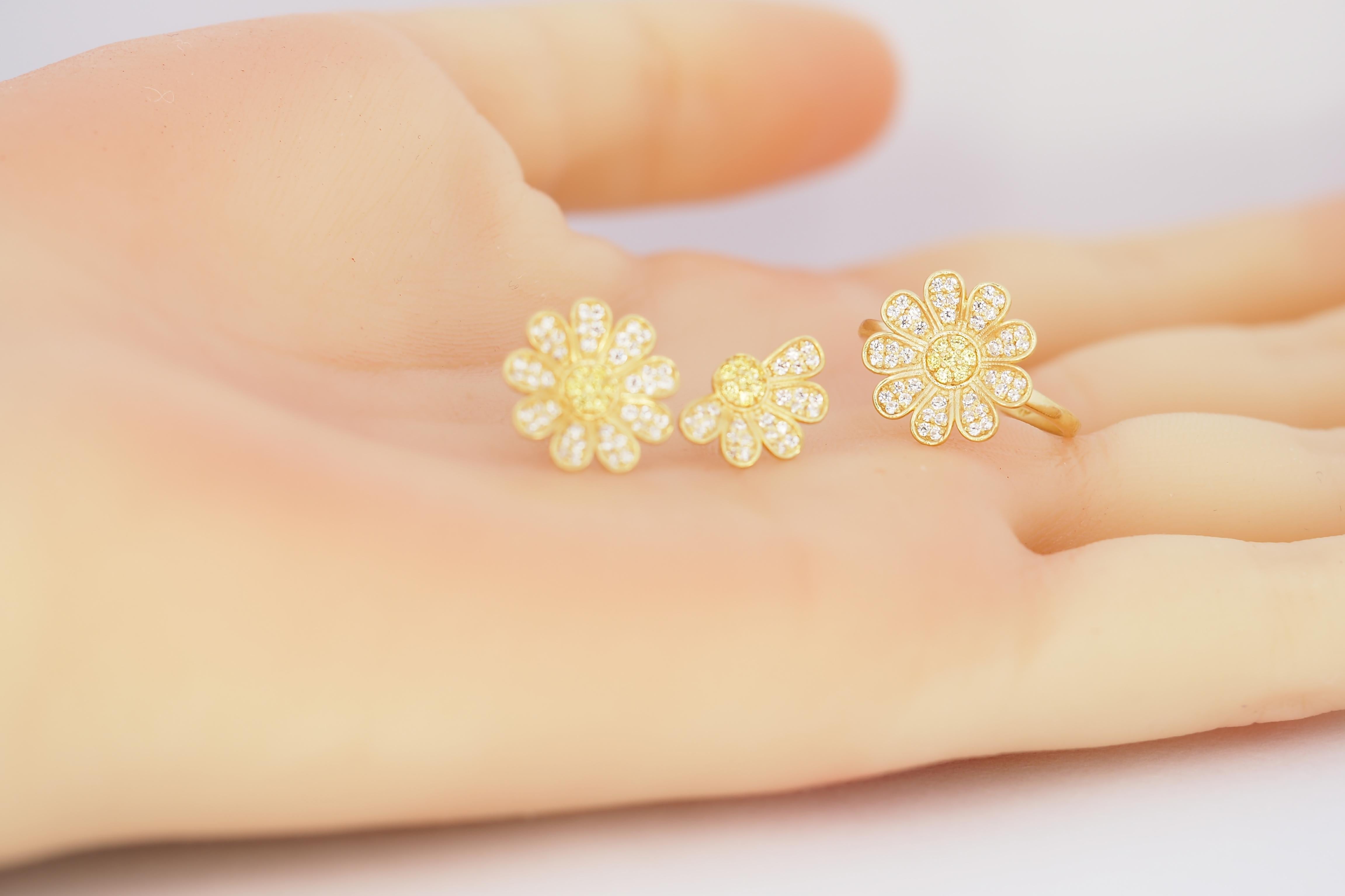 Daisy flower 14k gold ring and earrings set  For Sale 7