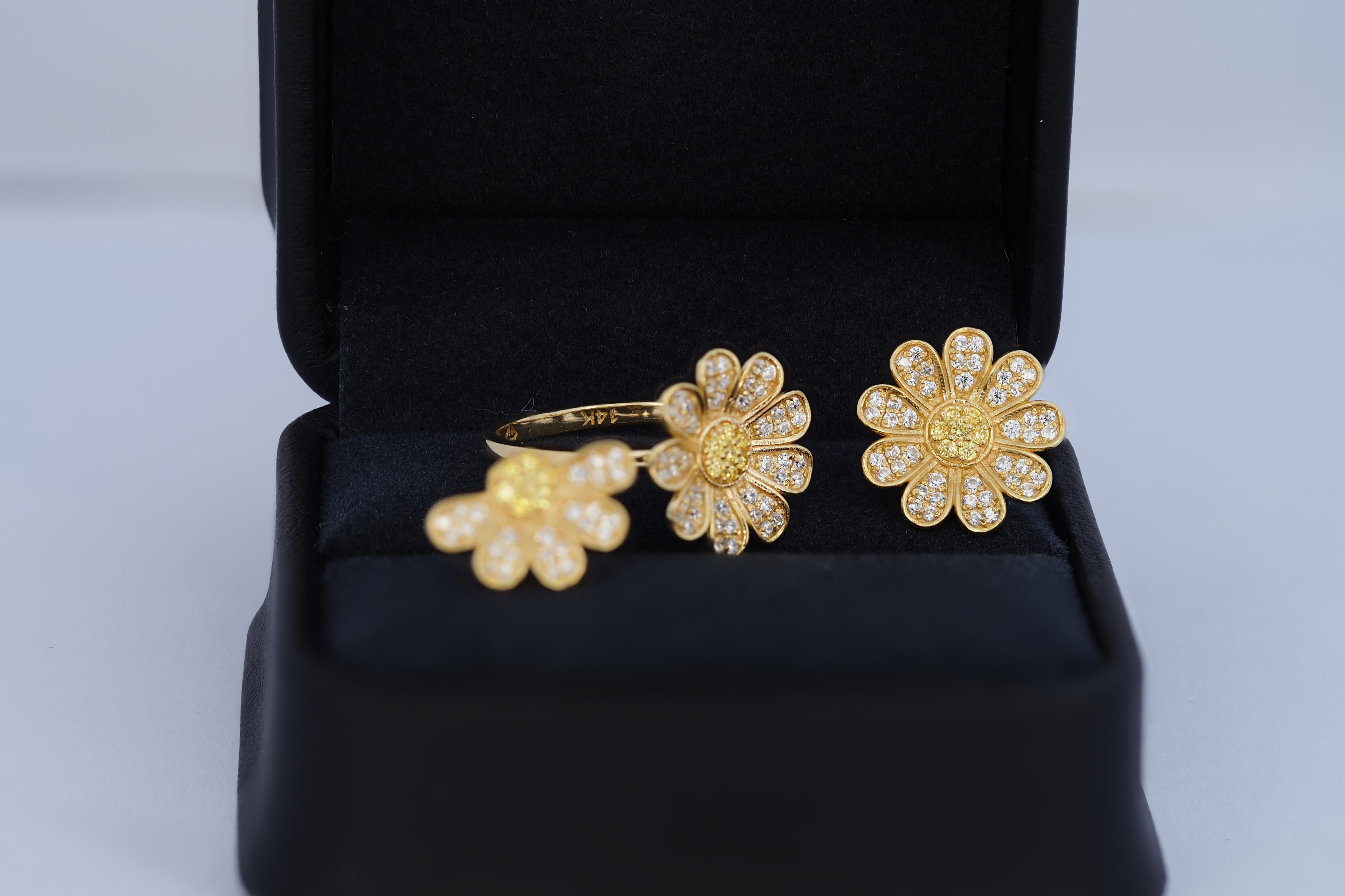 Gänseblümchen Blume 14k Gold Ring und Ohrringe Set  (Moderne) im Angebot