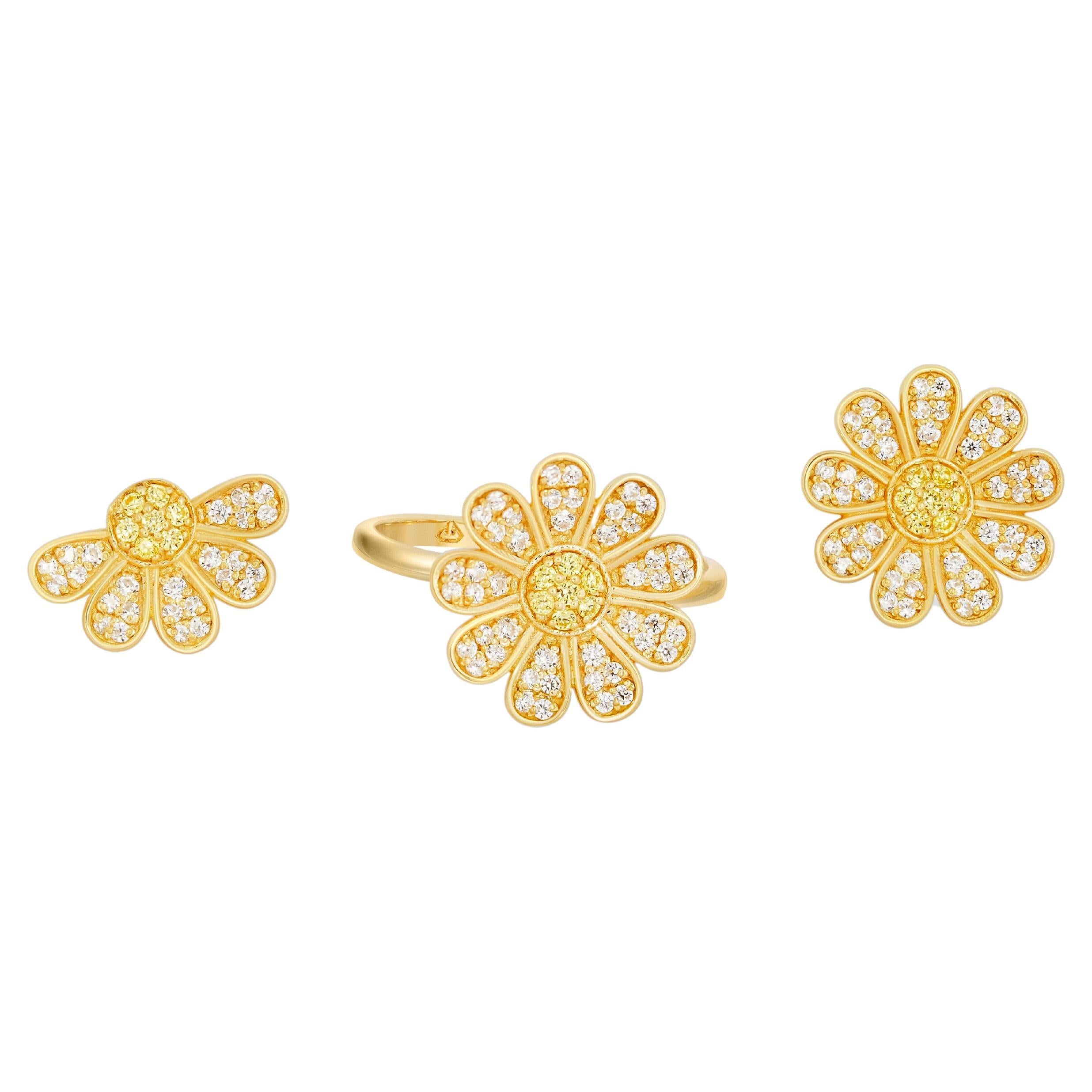 Daisy flower 14k gold ring and earrings set  For Sale