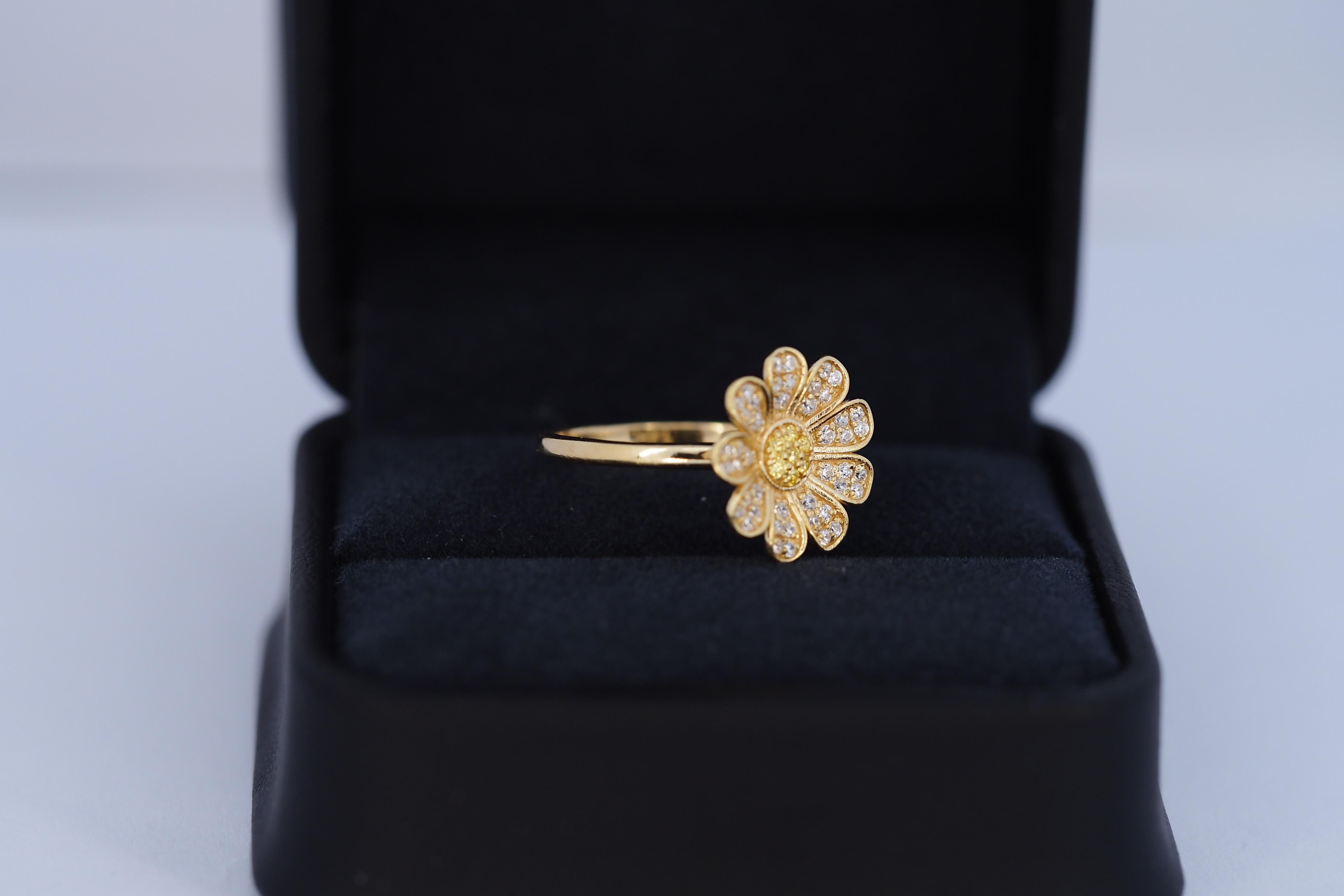 Daisy flower 14k gold ring. Love Me, Love Me Not 14k gold ring. Flora engagement ring with with moissanites and lab sapphires in 14k gold. Vintage style moissanite ring. Valentines days 14k gold ring. Lucky gold ring. 

Metal: 14k gold
Weight: 2.3