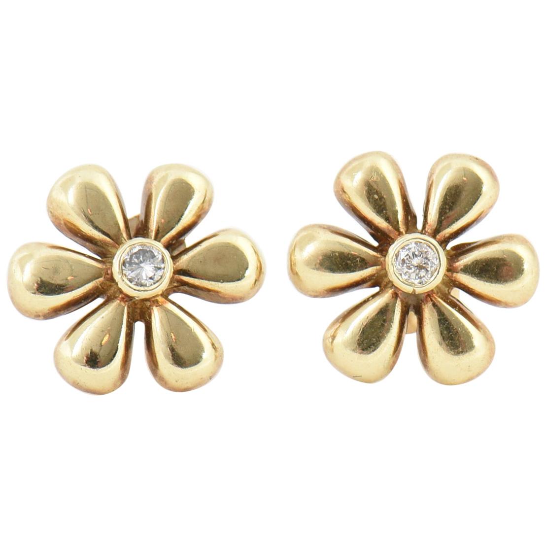 Daisy Flower Diamond Yellow Gold Earrings