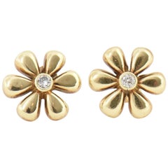 Retro Daisy Flower Diamond Yellow Gold Earrings