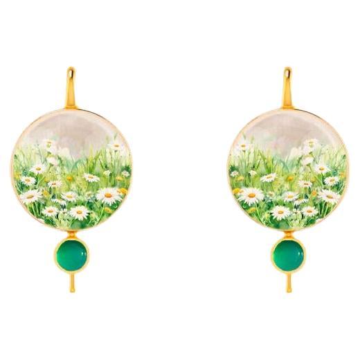 Daisy  flower earrings with chalcedony and Mother of pearl For Sale