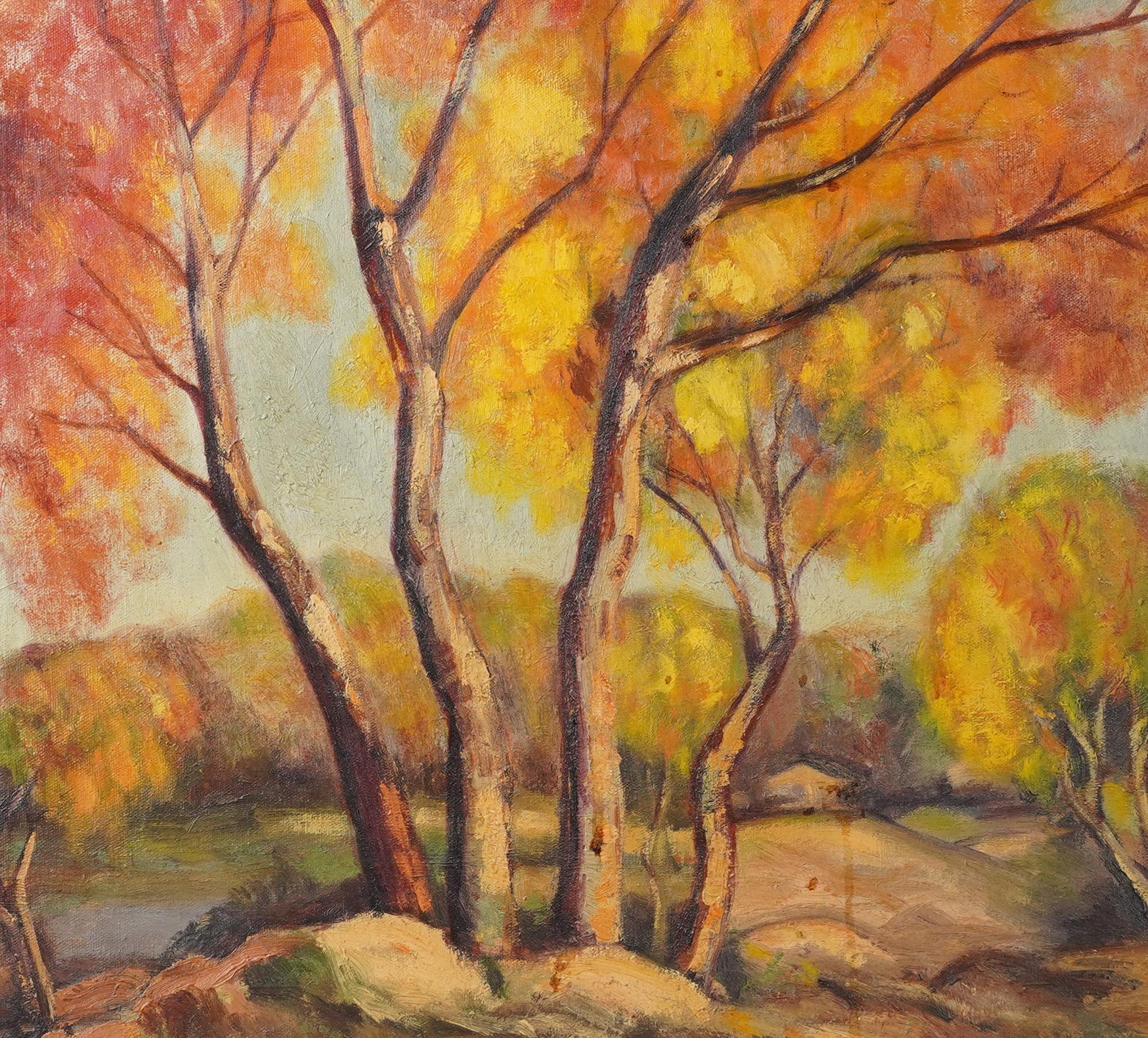 Antique American Impressionist Fall Landscape Signed Framed Oil Painting - Brown Landscape Painting by daisy goates