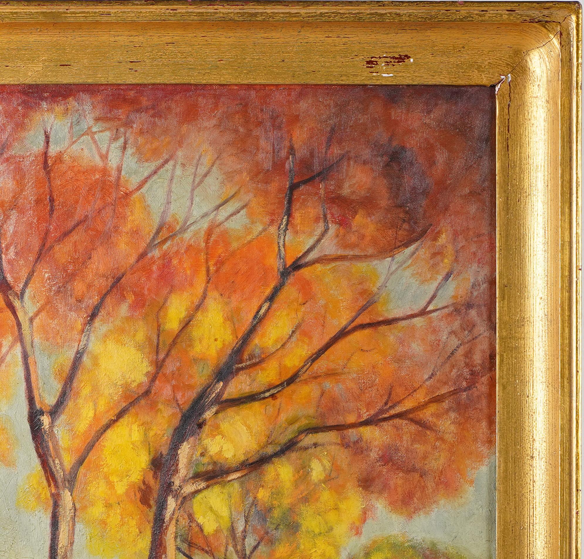 Antique American impressionist oil painting. Oil on canvas, circa 1920.  Housed in a period giltwood frame.   Image size, 22L x 28H. Signed.
