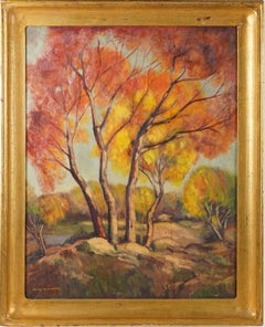 Antique American Impressionist Fall Landscape Signed Framed Oil Painting
