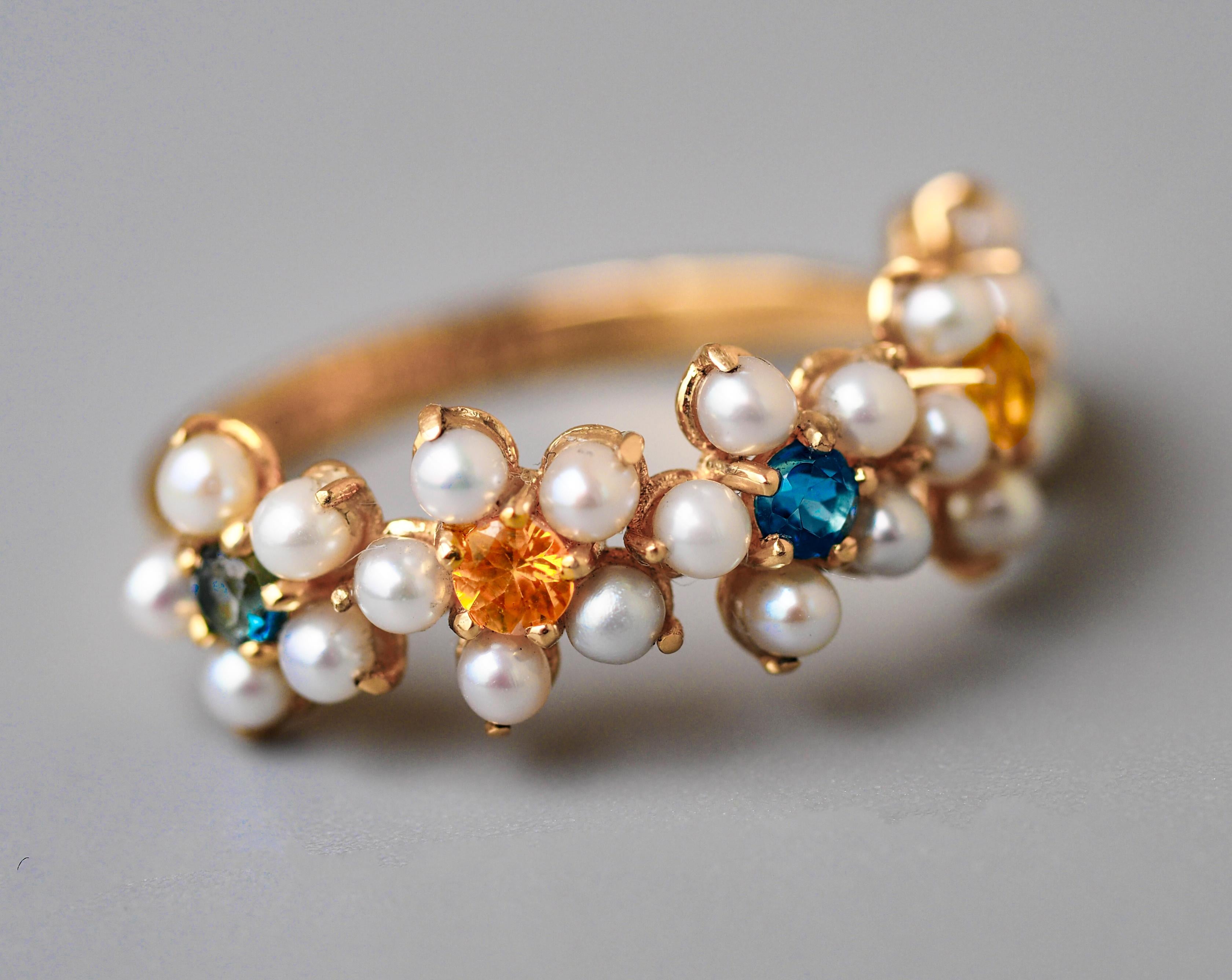 Daisy gold ring with sapphires, pearls.  For Sale 4