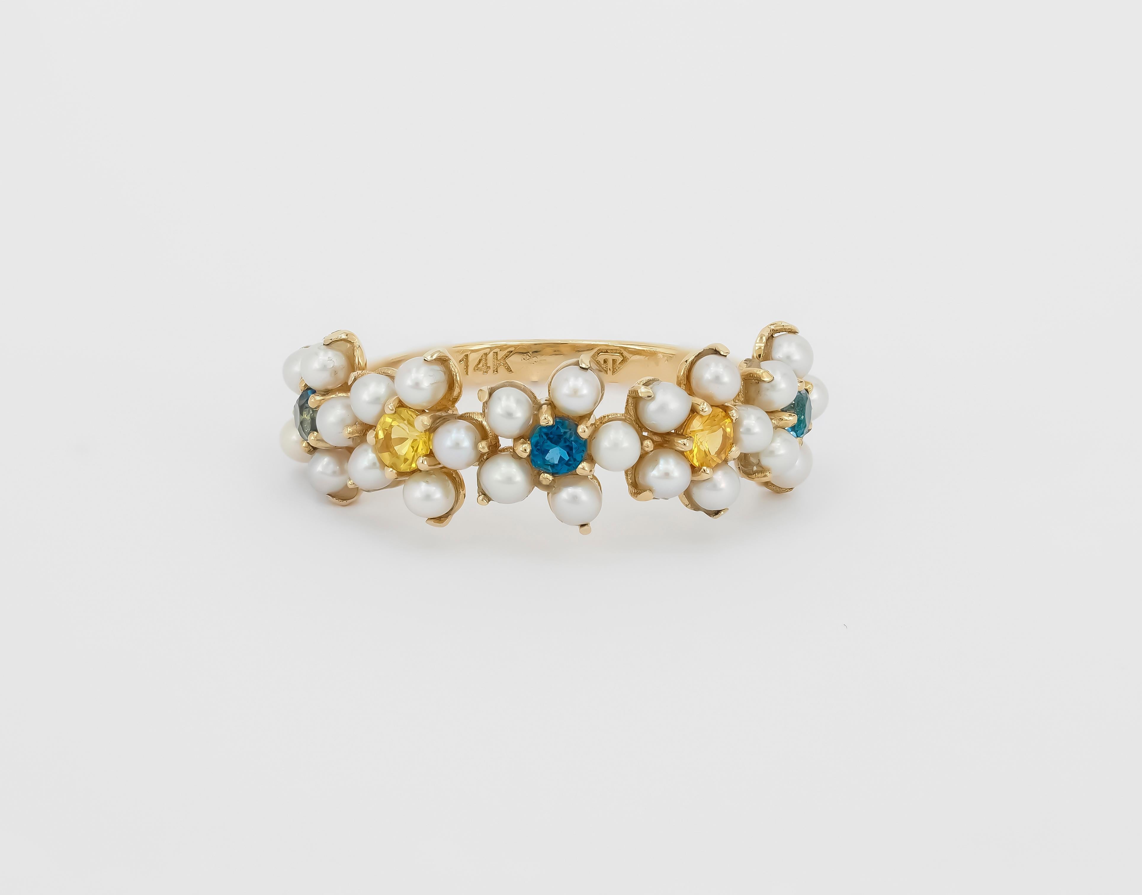 Gänseblümchen-Goldring mit Saphiren, Perlen.  (Moderne) im Angebot