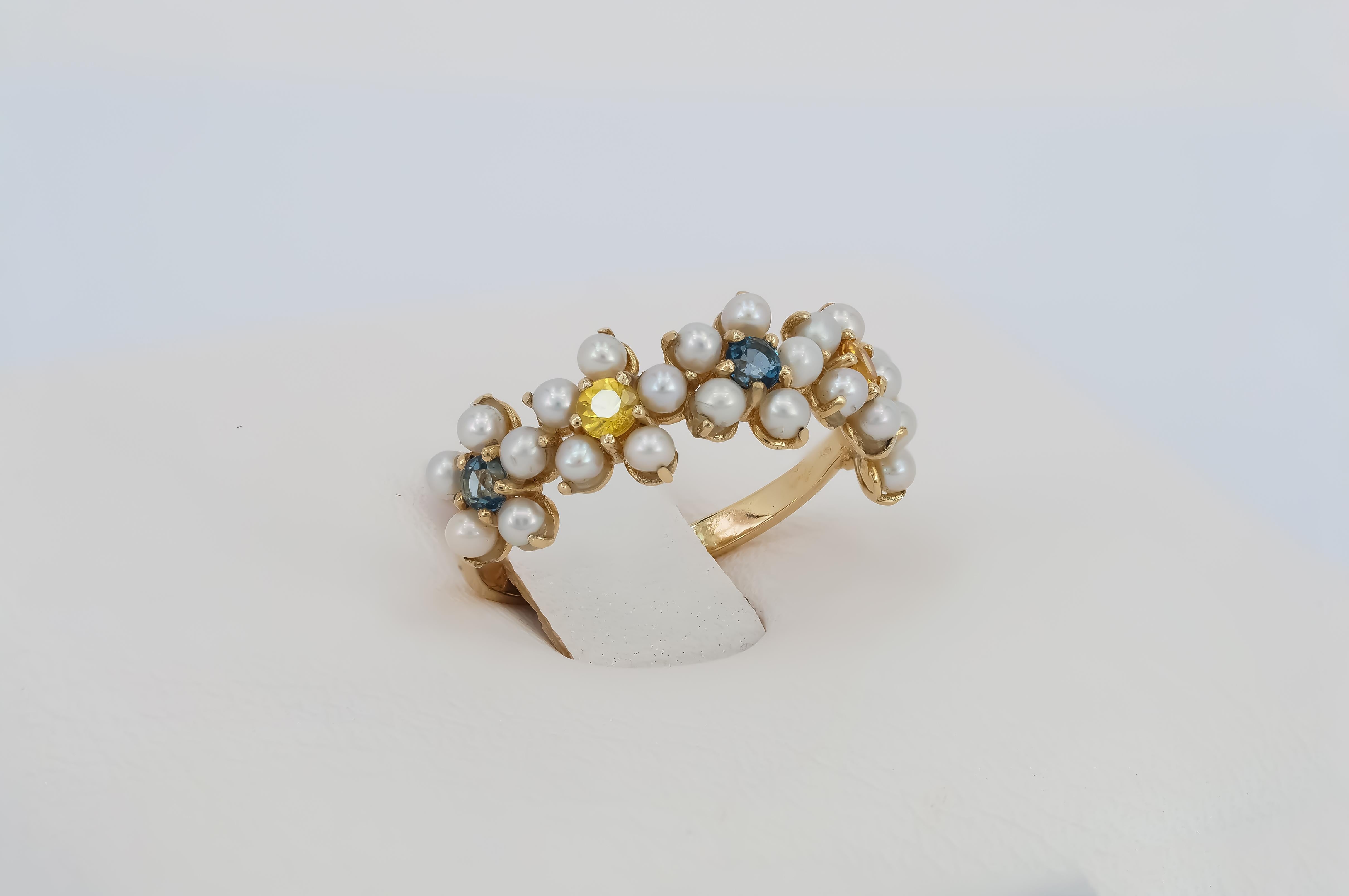 Gänseblümchen-Goldring mit Saphiren, Perlen.  Damen im Angebot