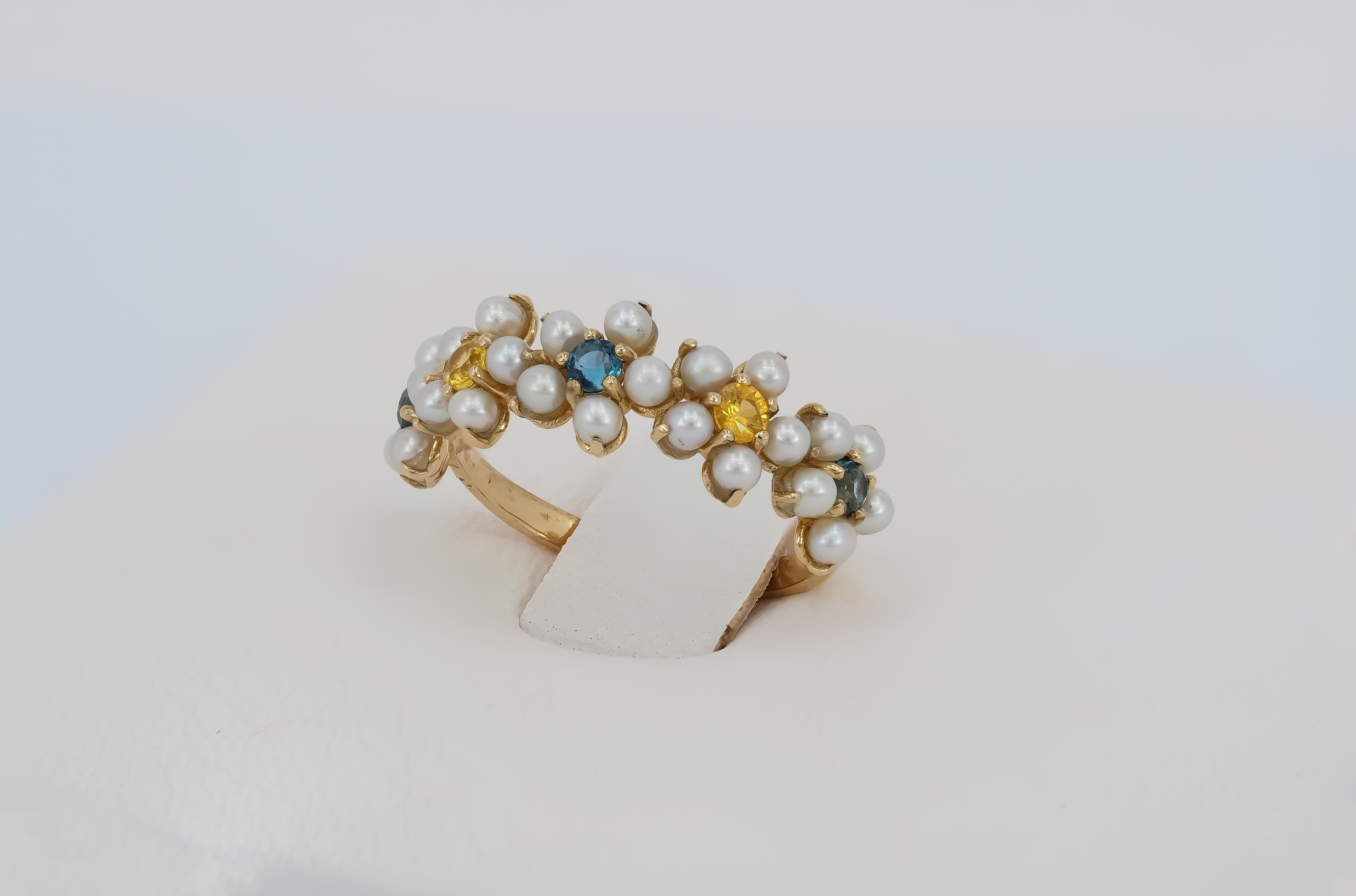 Daisy gold ring with sapphires, pearls.  For Sale 1