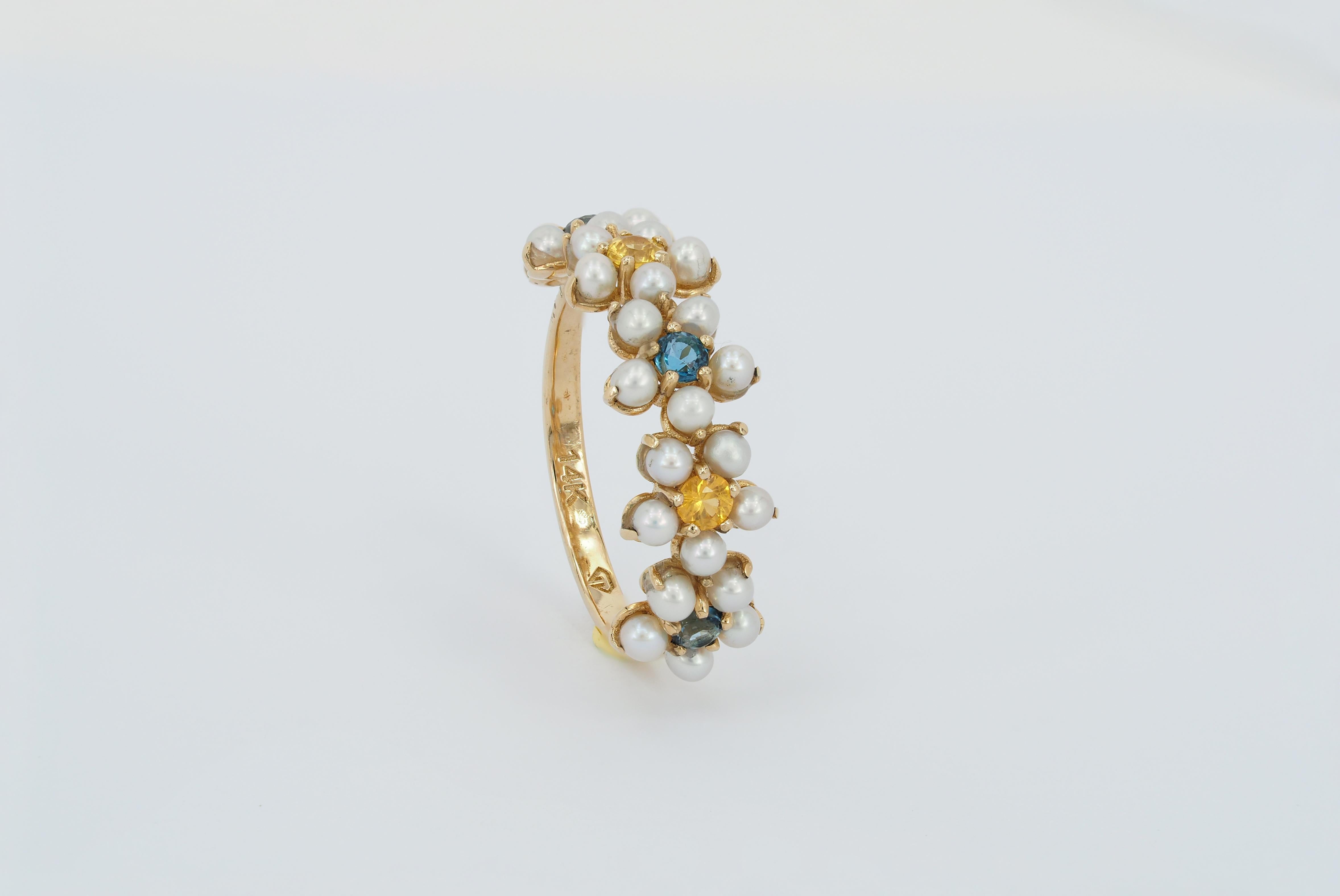 Daisy gold ring with sapphires, pearls.  For Sale 2
