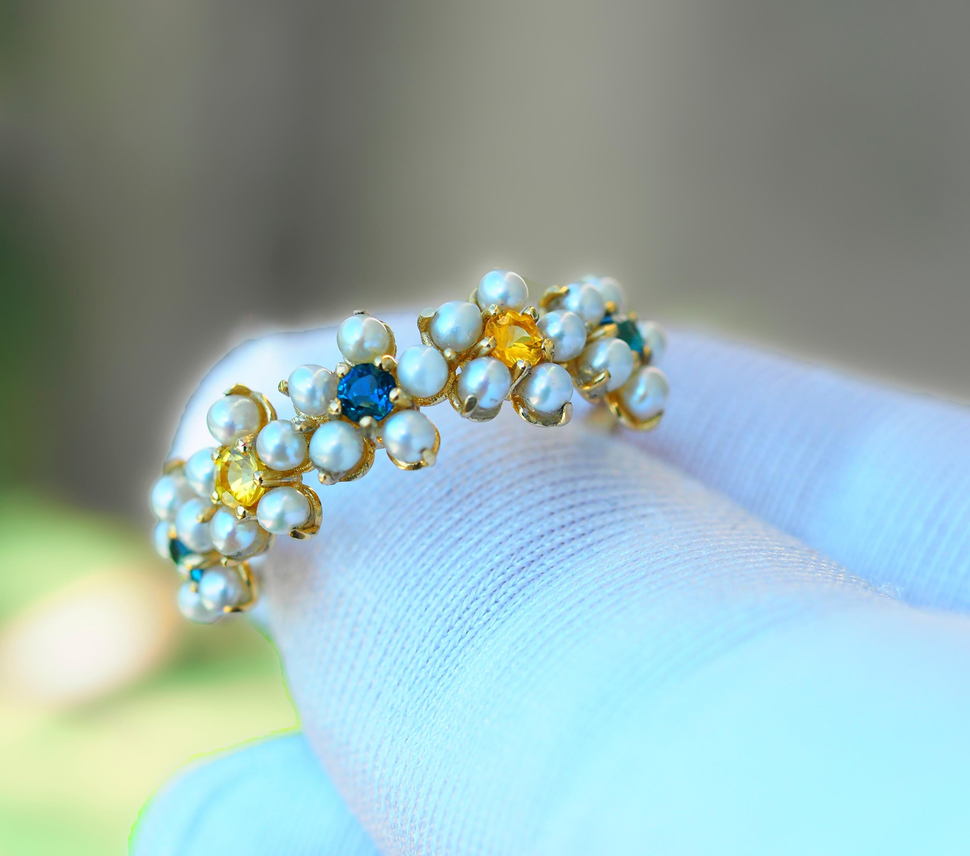 Daisy gold ring with sapphires, pearls.  For Sale 3