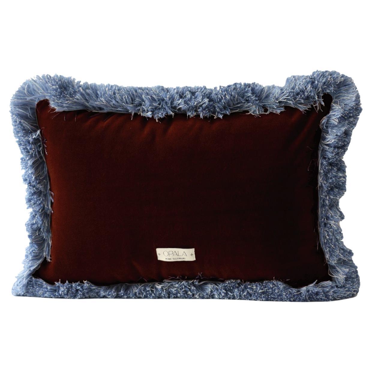 Daisy II Burgundy Velvet Deluxe Handmade Decorative Cushion Blue Fringe