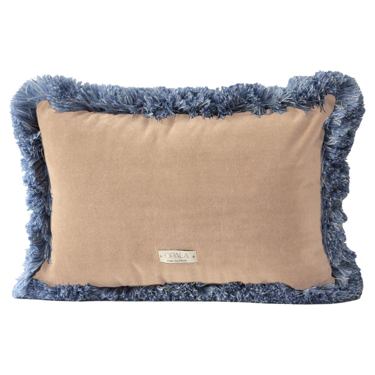 Daisy II Cappuccino Velvet Deluxe Handmade Decorative Cushion Blue Fringe