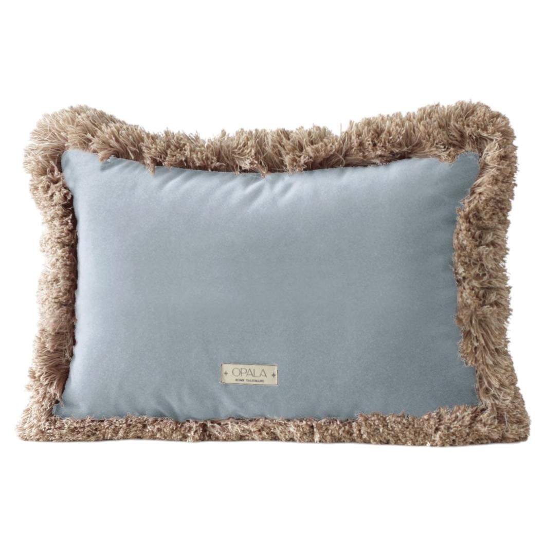 Daisy II Cloudy Blue Velvet Deluxe Handmade Decorative Cushion Taupe fringe