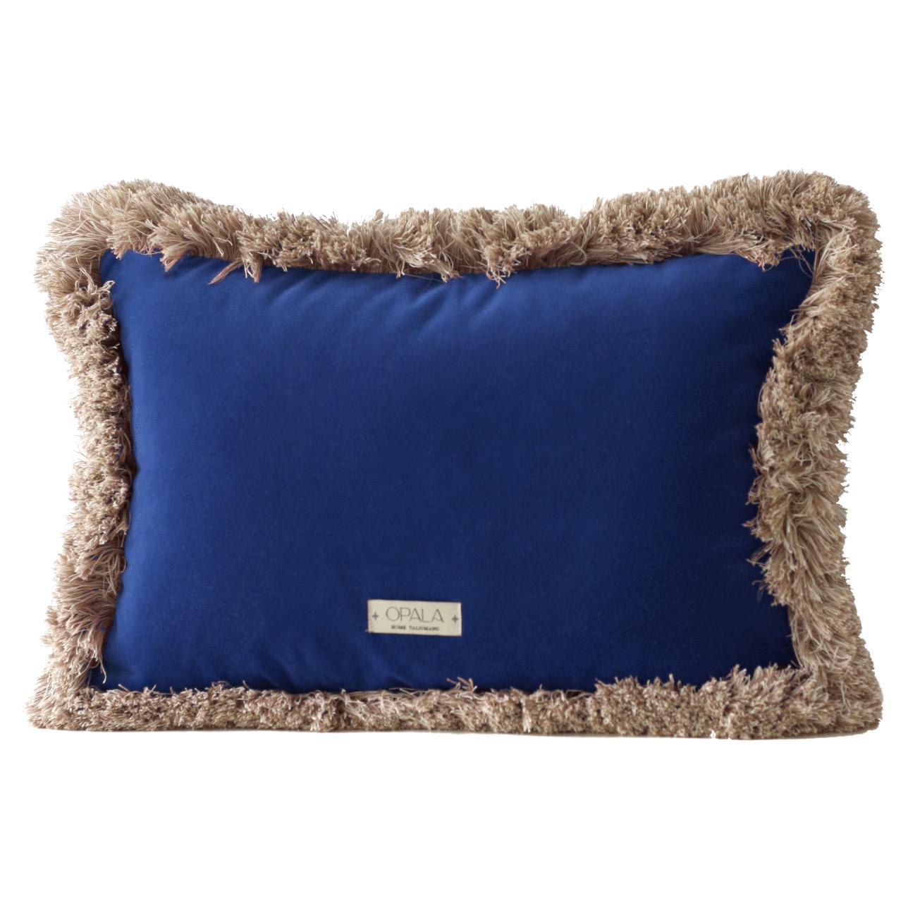 Daisy II Cobalt Blue Velvet Deluxe Handmade Decorative Cushion Taupe Fringe