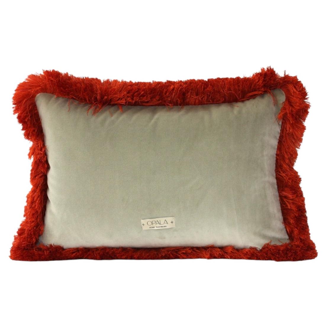 Daisy II Stone Green Velvet Deluxe Handmade Decorative Cushion Brick Fringe